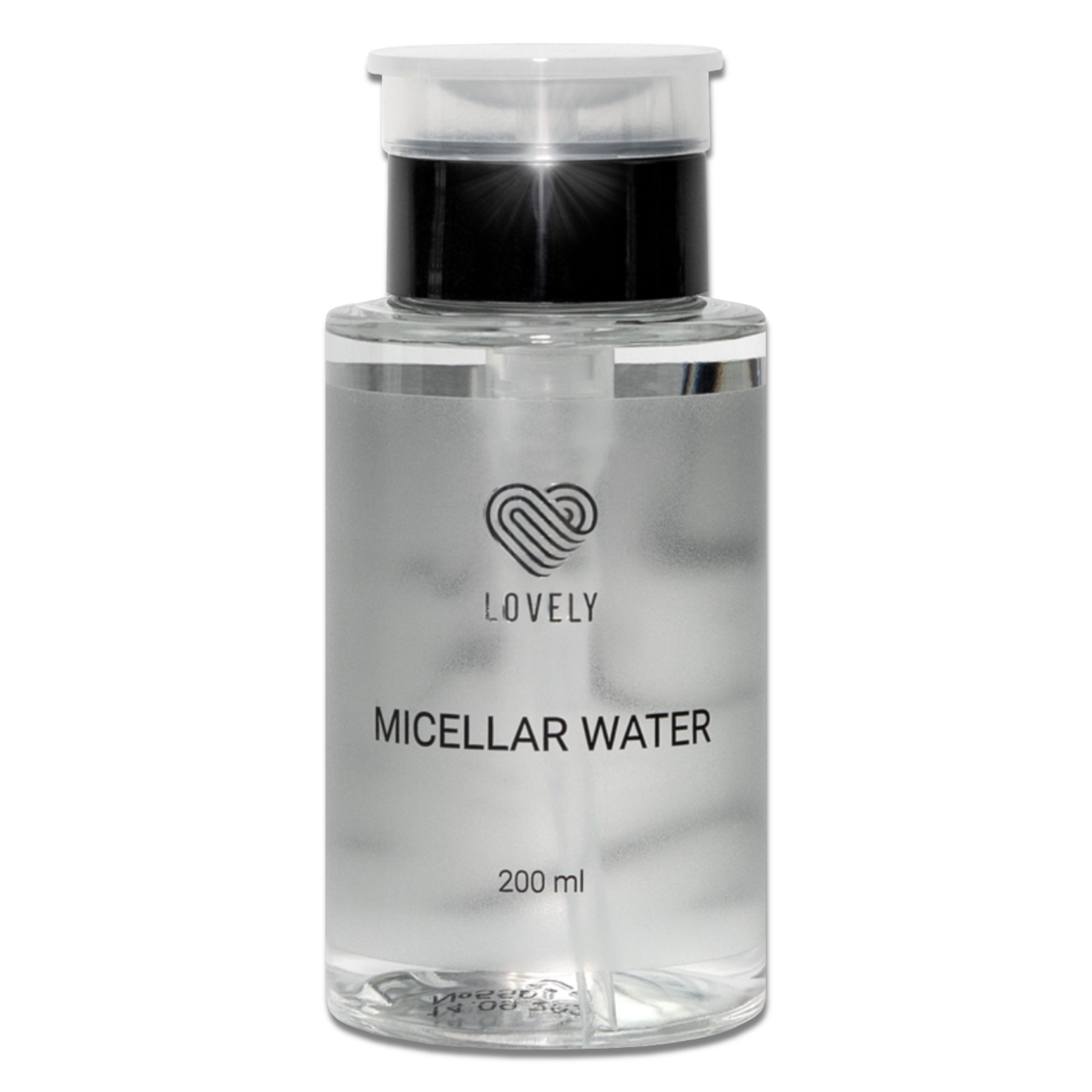 Transparente Flasche mit schwarzem Deckel und Pumpe. Aufschrift: Lovely, Micellar Water, 200 ml.