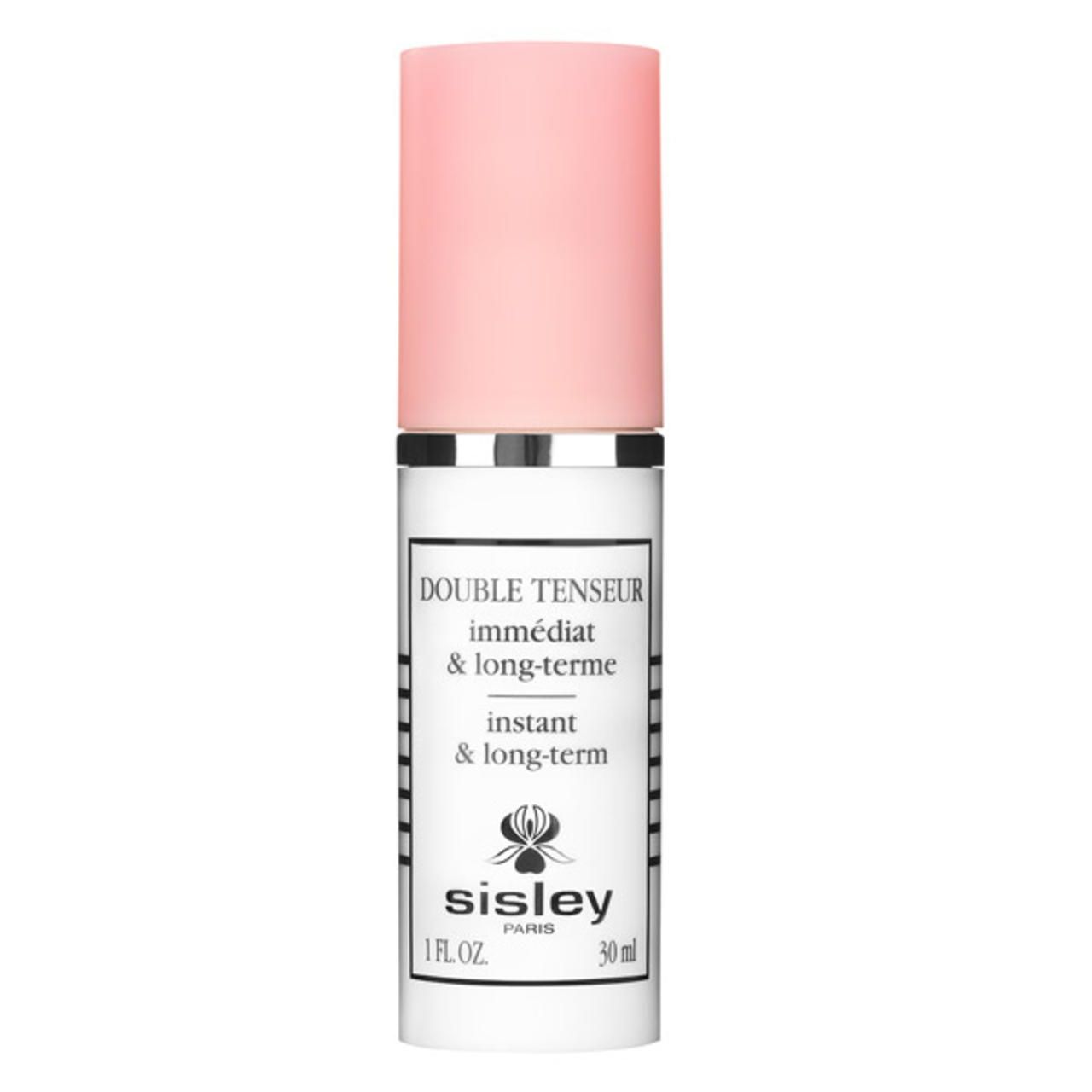 Kosmetikflasche mit rosa Deckel. Aufschrift: Double Tenseur, Sisley. 1 fl.oz. 30 ml.