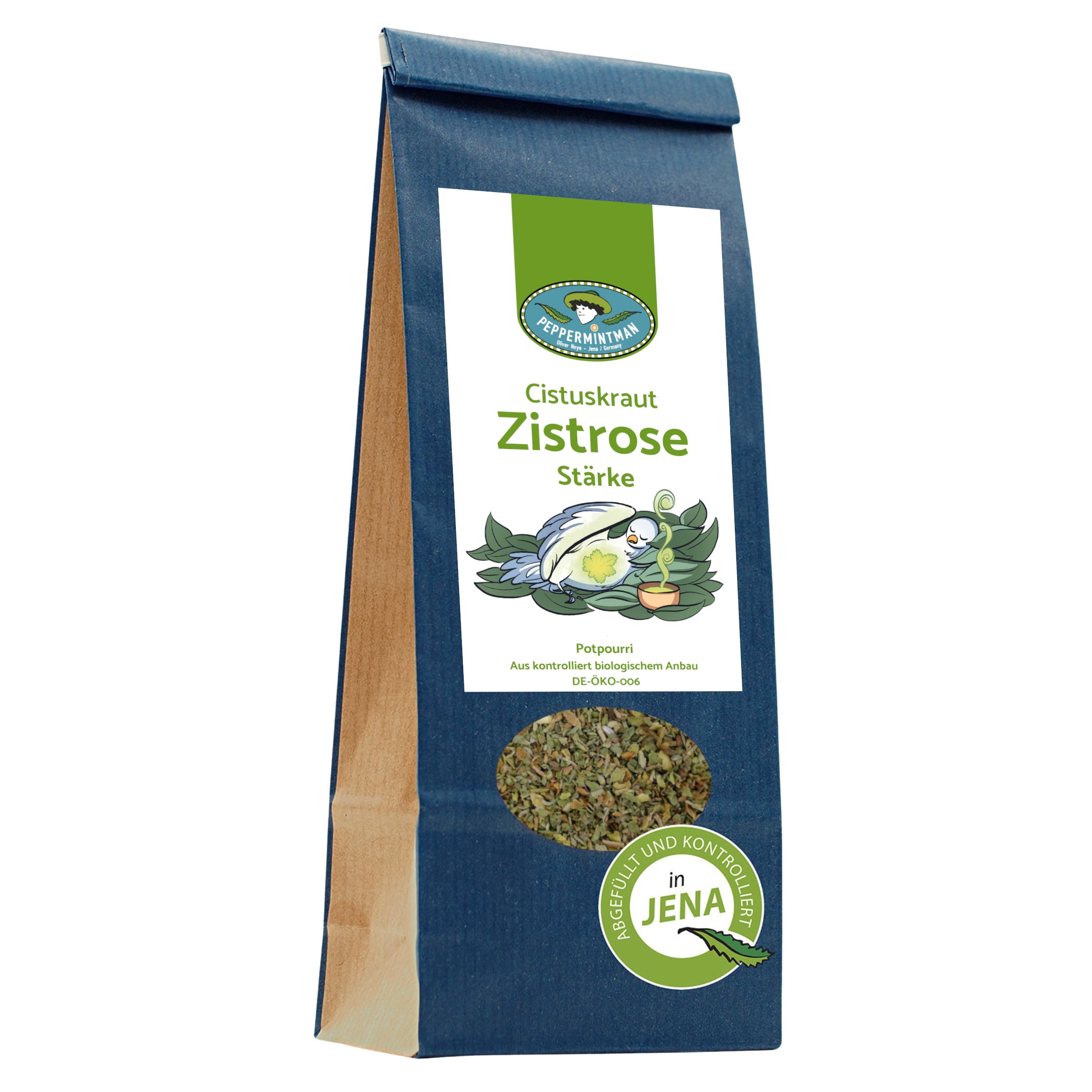 Beutel mit PEPPERMINTMAN Zistrose. Blau-braune Verpackung mit Sichtfenster. Aufschrift: Zistrose, Stärke. Logo mit Figur.