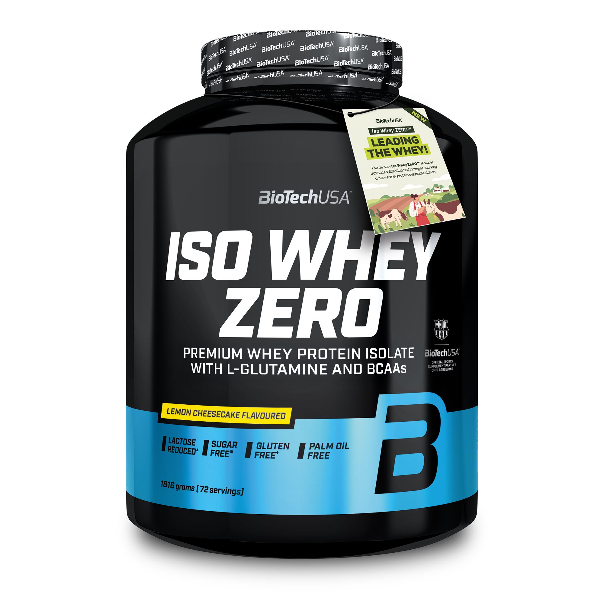 Schwarze Dose BioTechUSA ISO WHEY ZERO mit blauem Etikett. Aufschrift: ISO WHEY ZERO, Premium Whey Protein Isolate. Lemon Cheesecake.