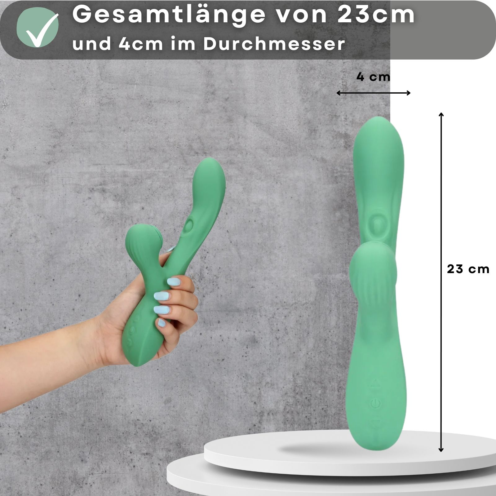 Grüner Vibrator, neben Größenangaben: 23cm lang, 4cm Durchmesser.