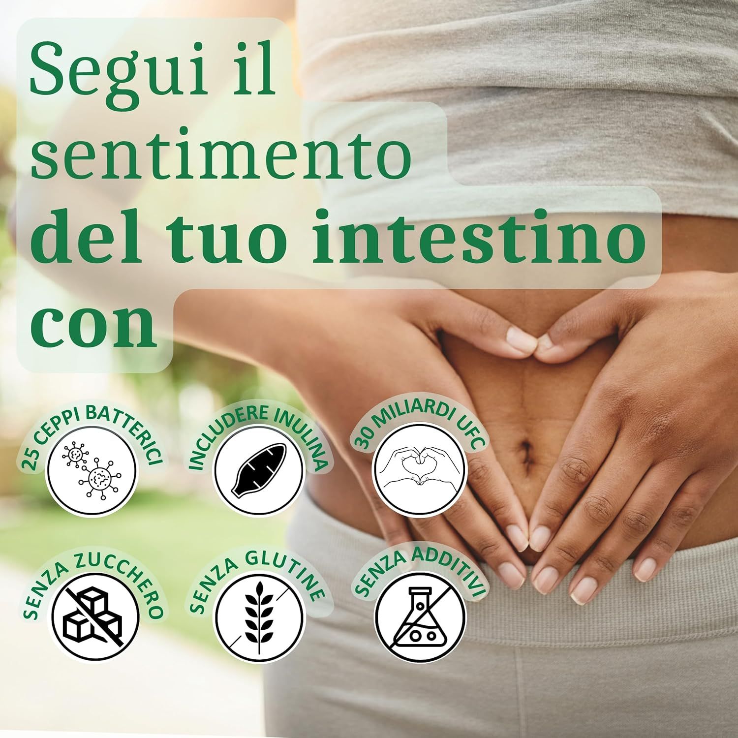 Pancia con simboli. Contiene 25 colture batteriche, inulina, 30 miliardi di UFC. Senza zucchero, senza glutine, senza additivi. Marchio: Raibu.