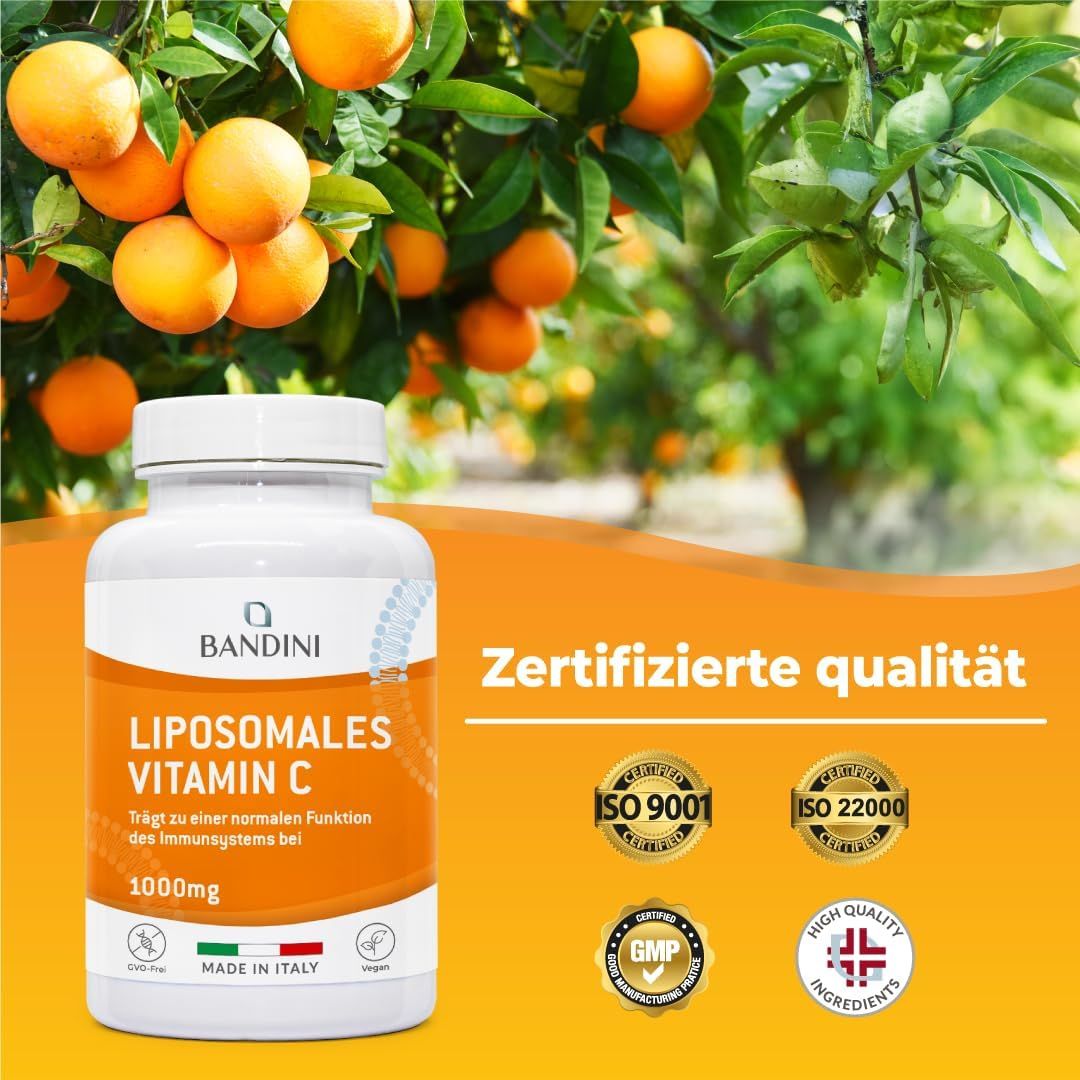 Weiße Flasche Bandini Liposomales Vitamin C Kapseln. Zertifizierte Qualität. ISO 9001, ISO 22000, GMP, High Quality Ingredients.