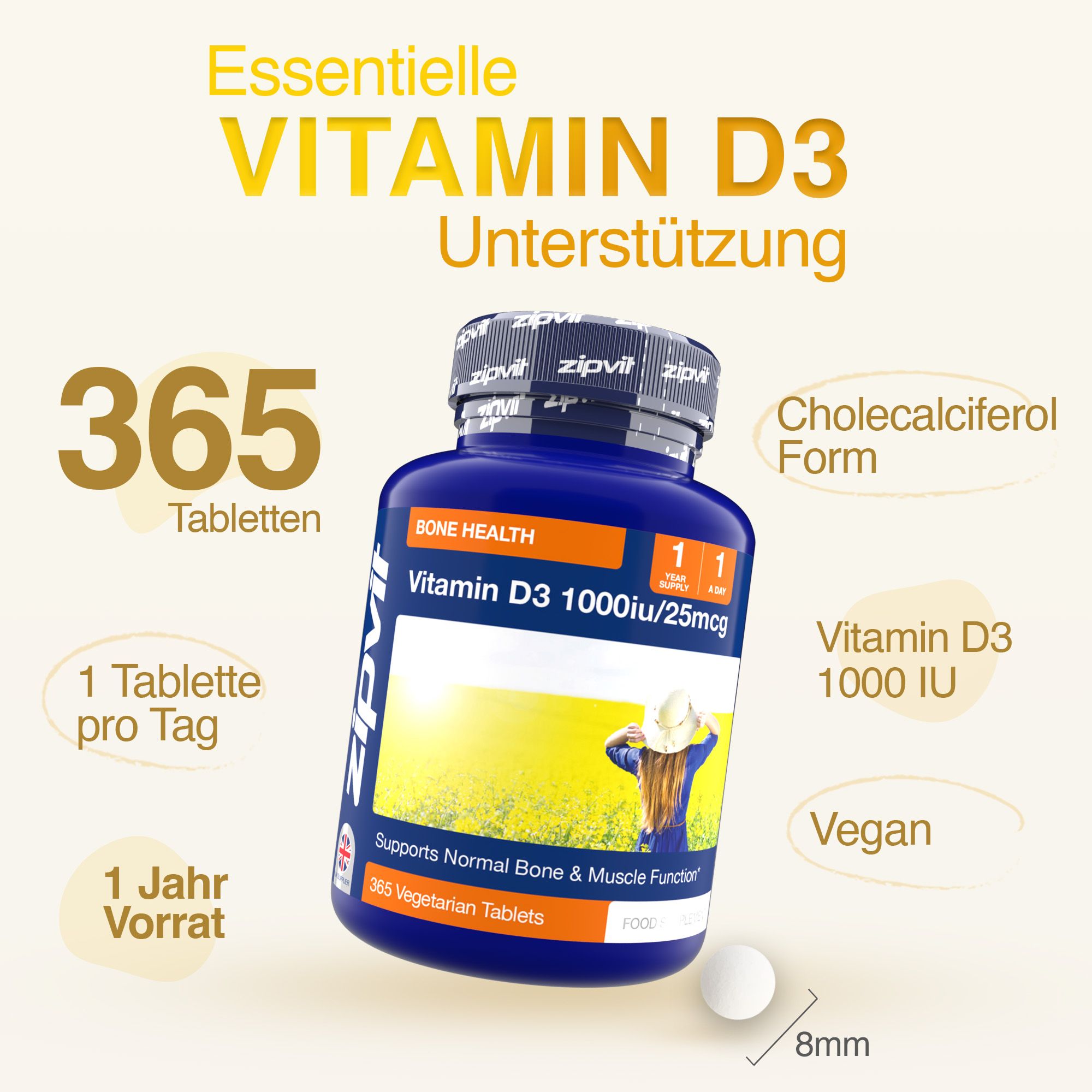 Blaue Flasche mit Vitamin D3. Text: 365 Tabletten, 1 Tablette pro Tag, 1 Jahr Vorrat. Weiße Tablette, 8mm. Vegan.