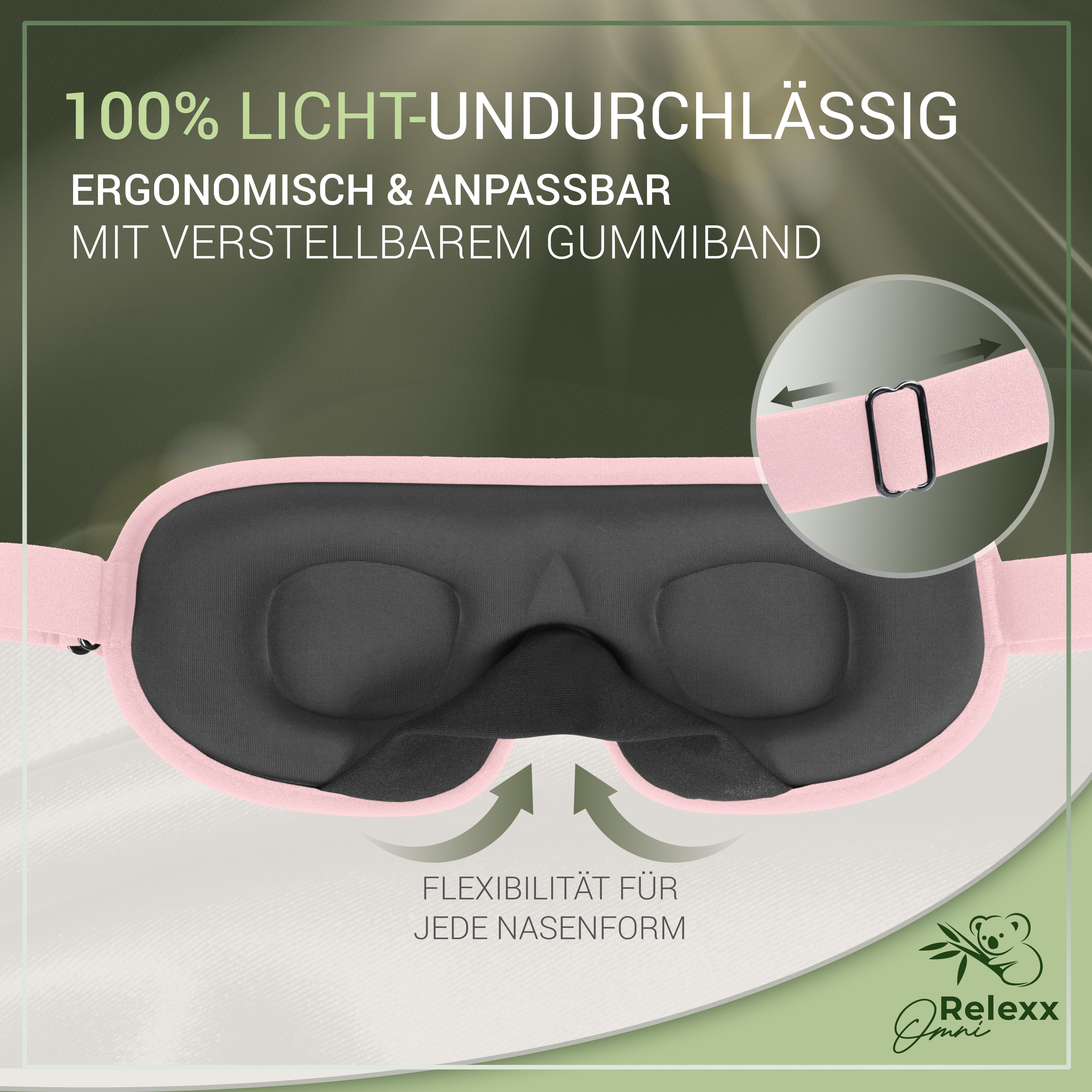 Rosa Schlafmaske. Text: 100% lichtundurchlässig, ergonomisch, anpassbar. Verstellbares Gummiband. Marke OmniRelexx.