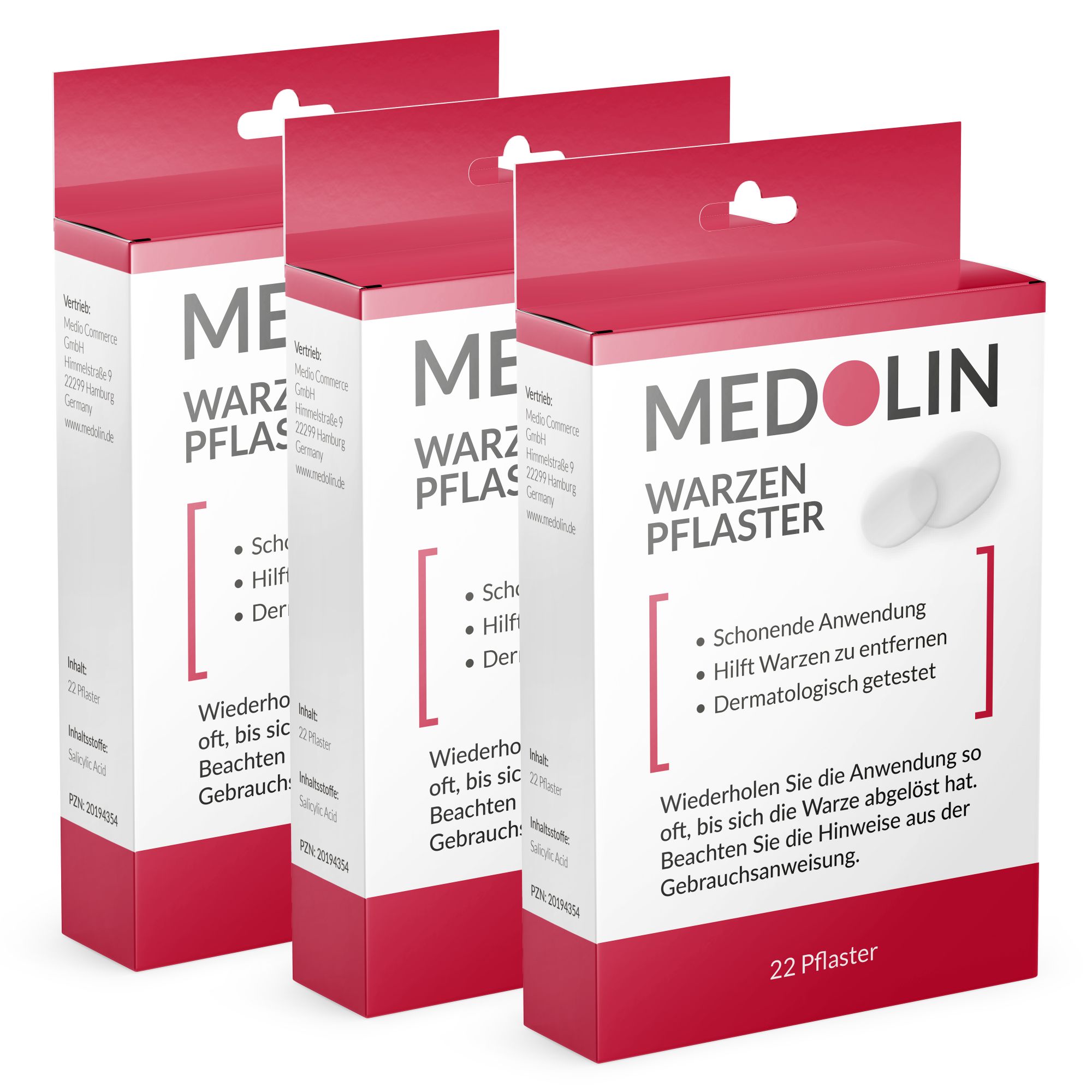 Drei Packungen Medolin Warzenpflaster. Verpackung mit Produktinformationen und Logo. 22 Pflaster pro Packung.