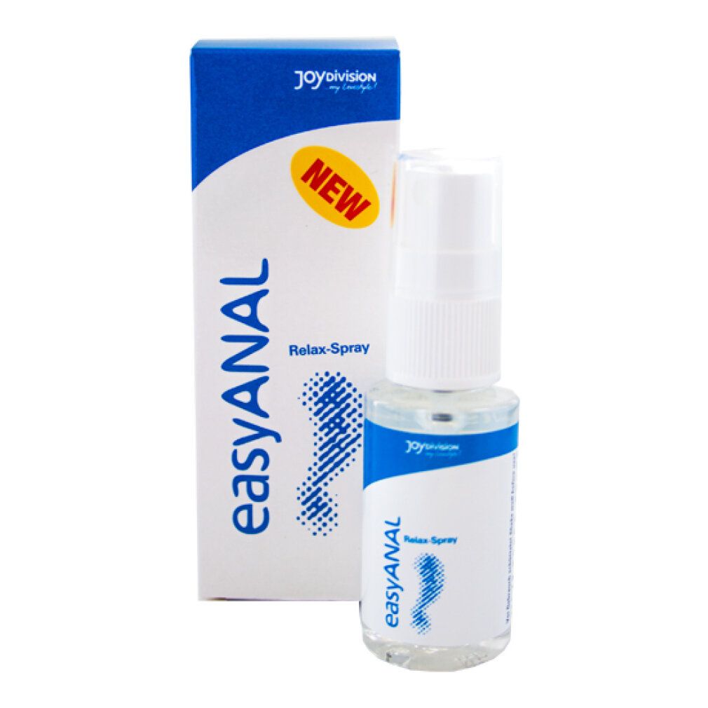 Transparente Sprühflasche mit weißem Sprühkopf. Aufschrift: easyANAL Relax-Spray. Logo: JoyDivision. Neu-Label.