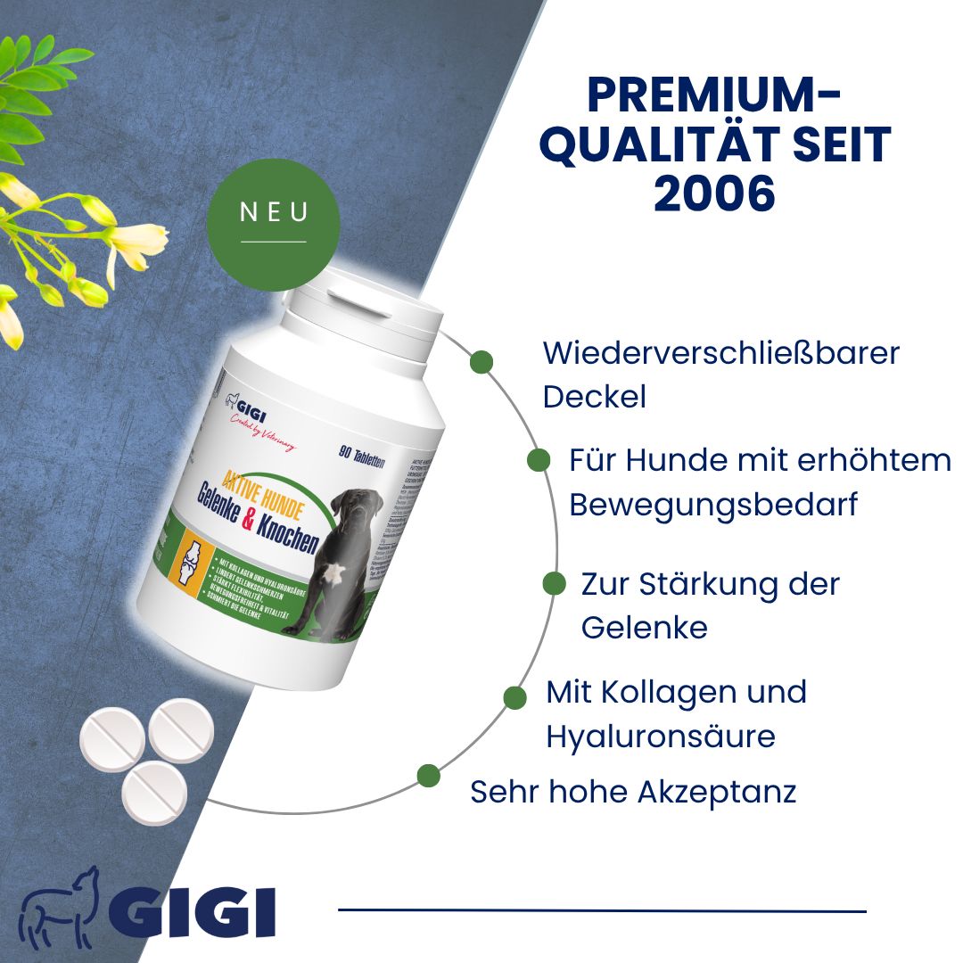 Produktflasche mit Tabletten, daneben Tabletten und Infografik. Text: Wiederverschließbarer Deckel, für Hunde mit erhöhtem Bewegungsbedarf.