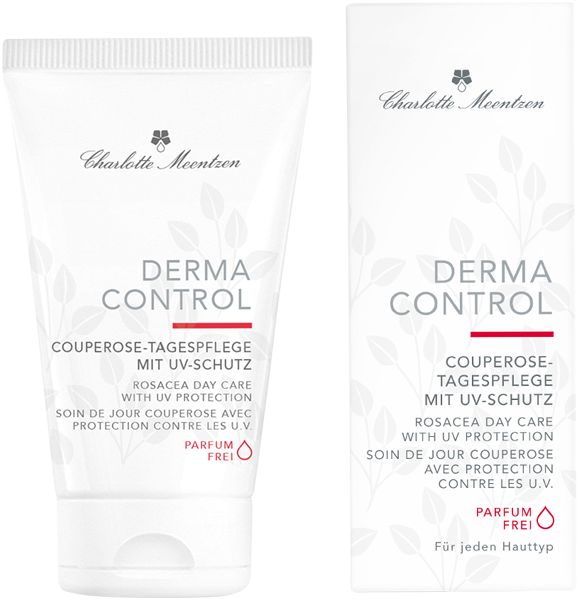 Charlotte Meentzen Derma Control Couperose Tagespflege mit UV-Schutz. Tube und Verpackung nebeneinander. Produktinformationen.