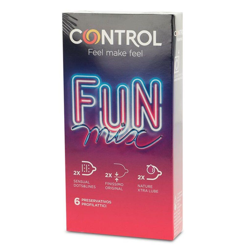 Control Fun Mix Kondom-Verpackung. Enthält 6 Kondome mit verschiedenen Eigenschaften. Neonfarbenes Design mit Produktnamen.
