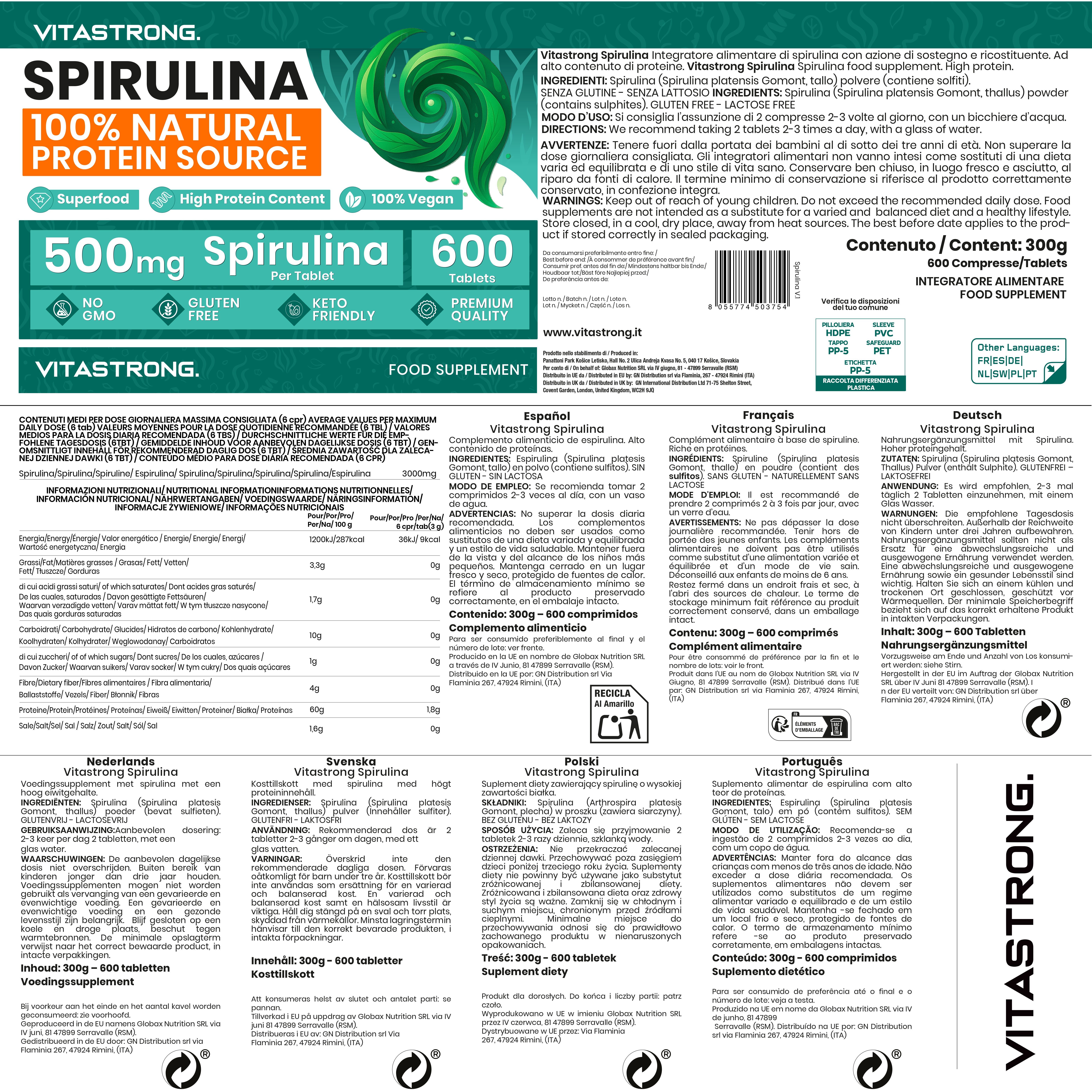Rückseite der Spirulina-Verpackung. Mehrsprachige Informationen, Inhaltsstoffe, Nährwertangaben, Herstellerinformationen. 600 Tabletten.