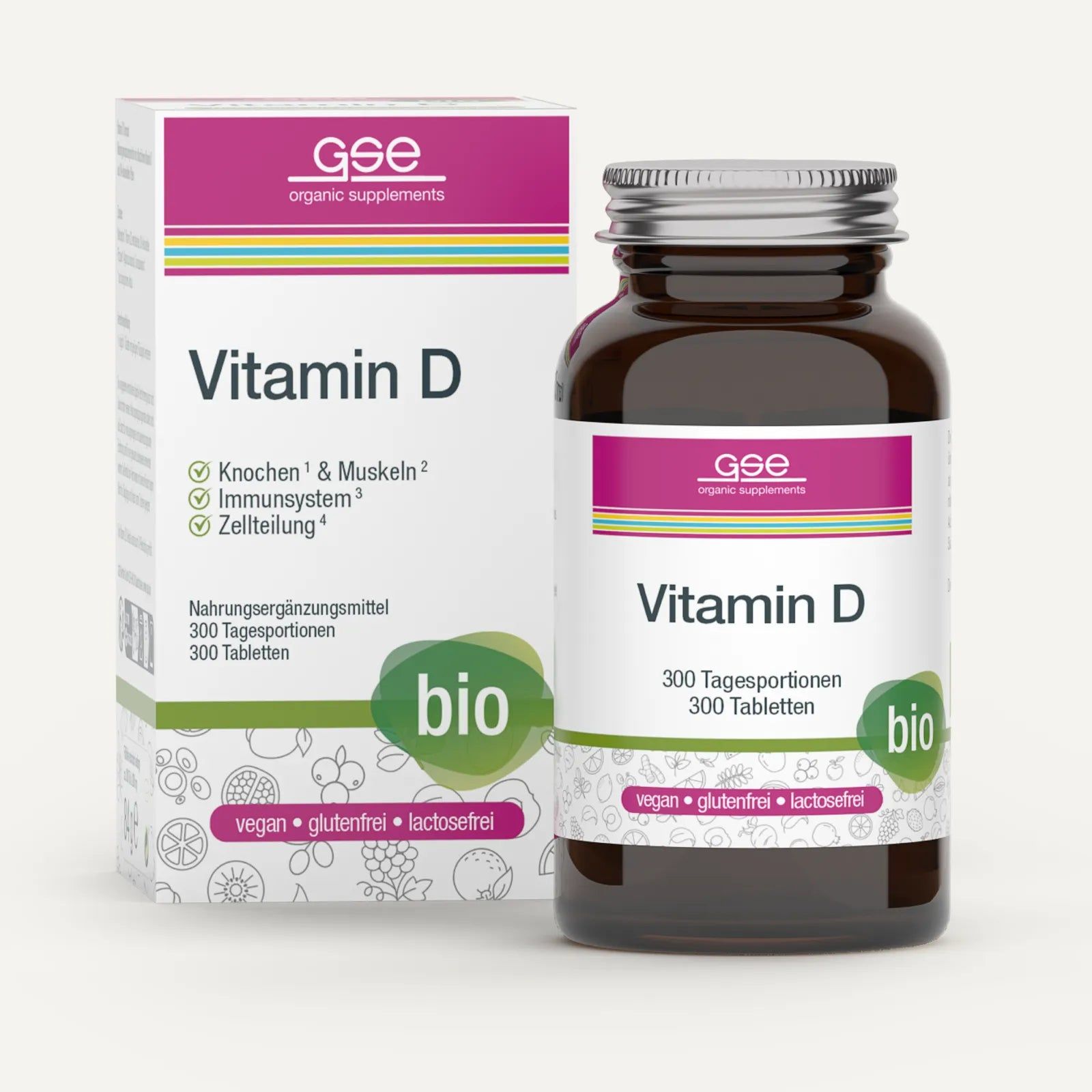 Braune Glasflasche und Schachtel mit Vitamin D-Tabletten. Aufschrift: Vitamin D, 300 Tagesportionen, bio. Vegan, glutenfrei, laktosefrei.
