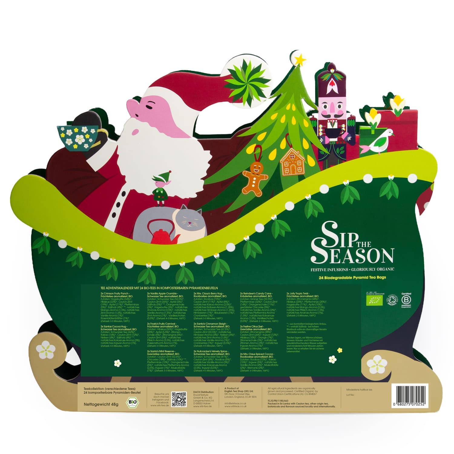 Rückseite eines Adventskalenders in Schlittenform. Zeigt Nikolaus, Tannenbaum, Nussknacker und Teebeutel-Informationen.