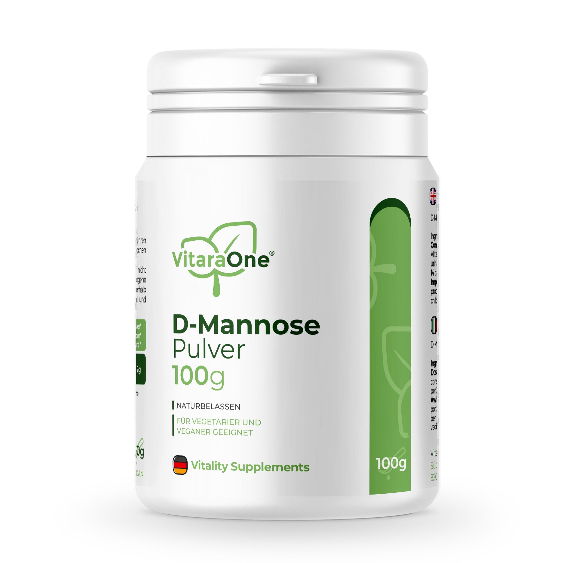 Weißes VitaraOne® D-Mannose Pulver-Behälter mit grünem Akzent. Enthält 100g Pulver. Aufschrift: D-Mannose Pulver, 100g, naturbelassen.