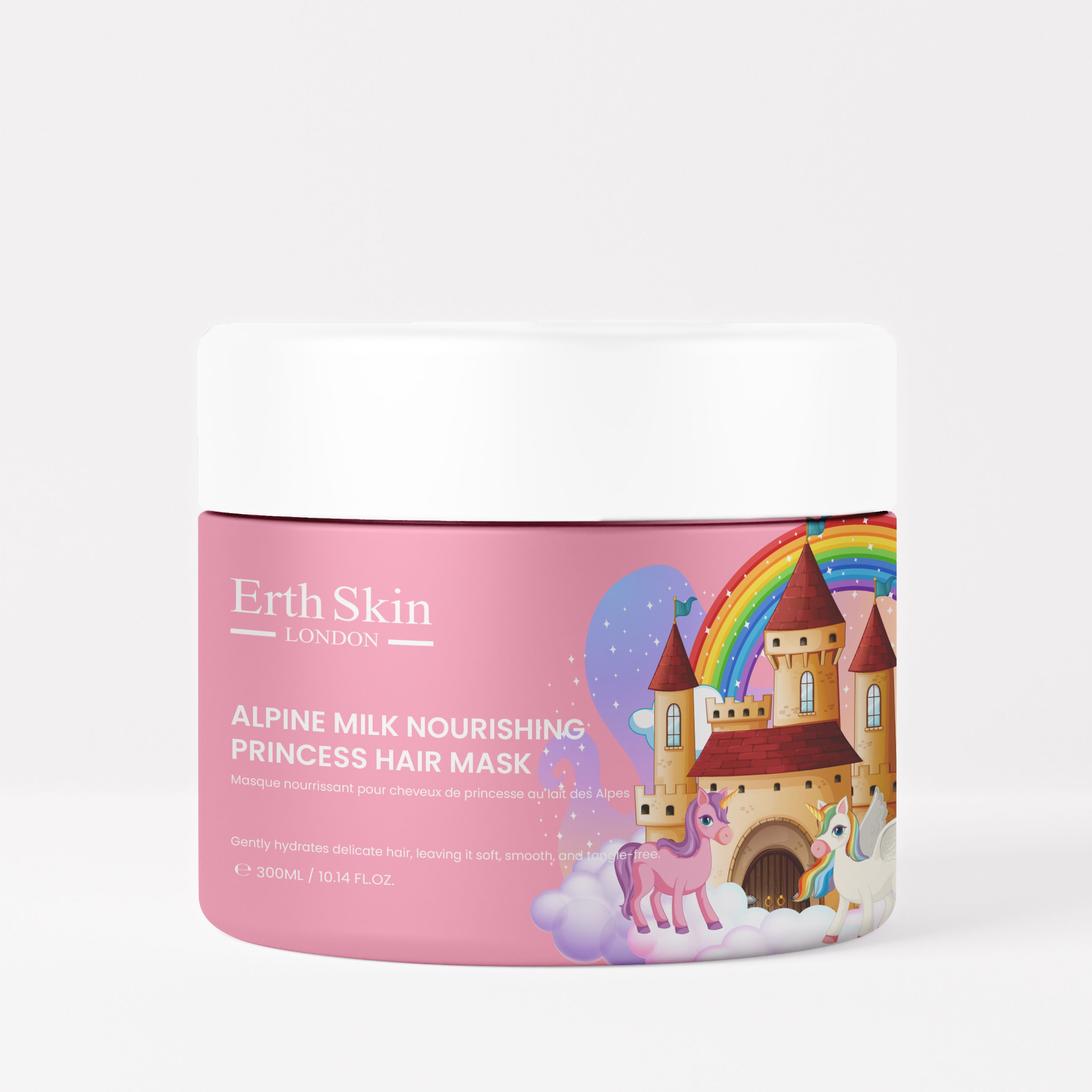 Pot rose avec couvercle blanc. Inscription : Erth Skin London, Alpine Milk Nourishing Princess Hair Mask. Illustration : château, licorne, arc-en-ciel.