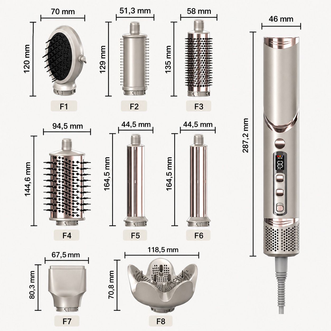 Airstyler mit 8 Aufsätzen. Enthält Bürsten, Lockenaufsätze und Diffusor. Abmessungen sind angegeben.
