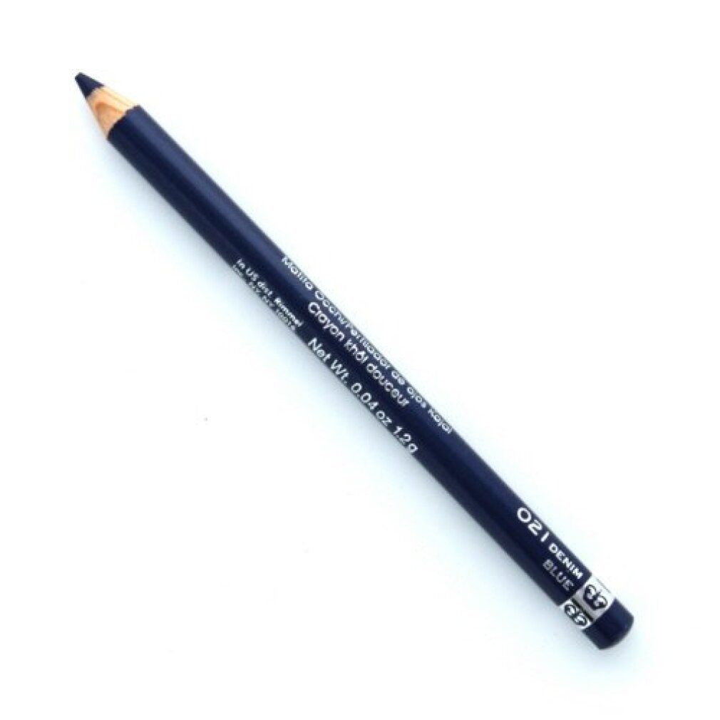 Blauer Kajalstift. Aufschrift: 021 Denim Blue. Netto: 0.04 oz 1.2g. Marke: Rimmel.