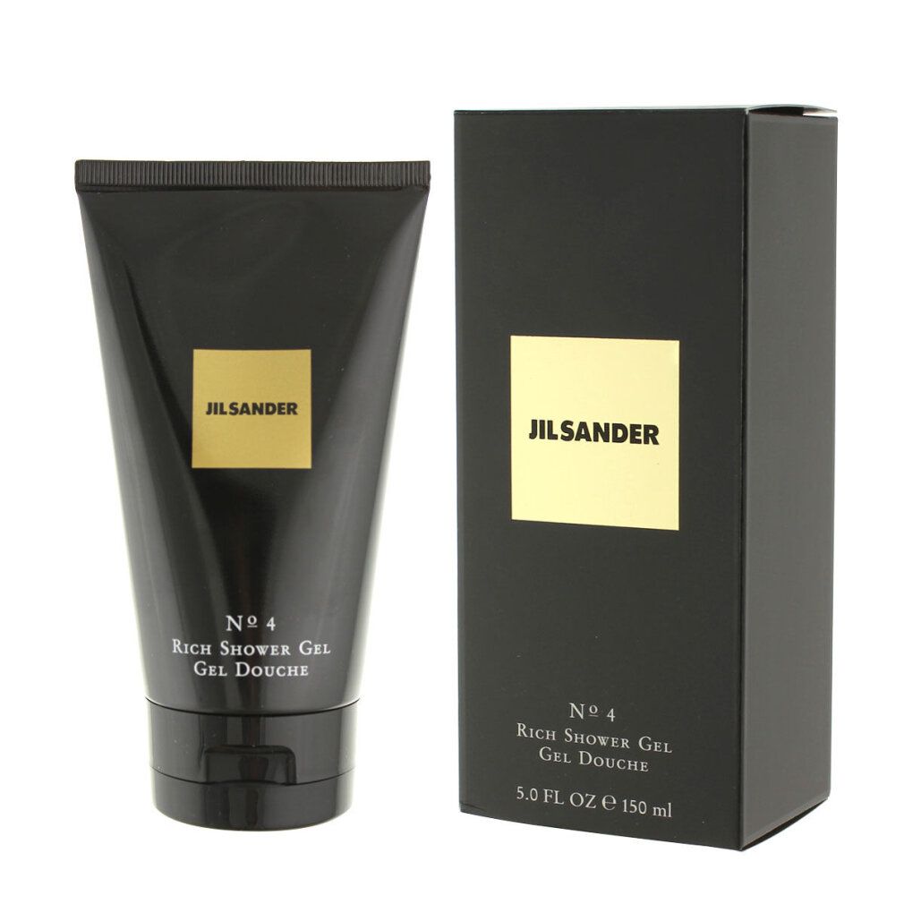 Schwarze Tube und Schachtel. Aufschrift: Jil Sander No.4 Rich Shower Gel. 150 ml.
