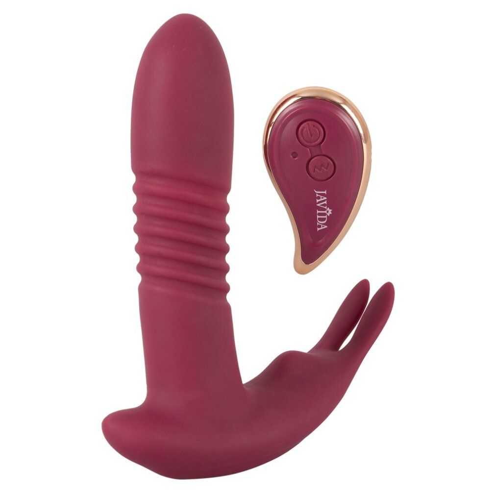 Burgunderfarbener Vibrator mit Fernbedienung. Die Fernbedienung trägt den Schriftzug 'JAVIDA'.