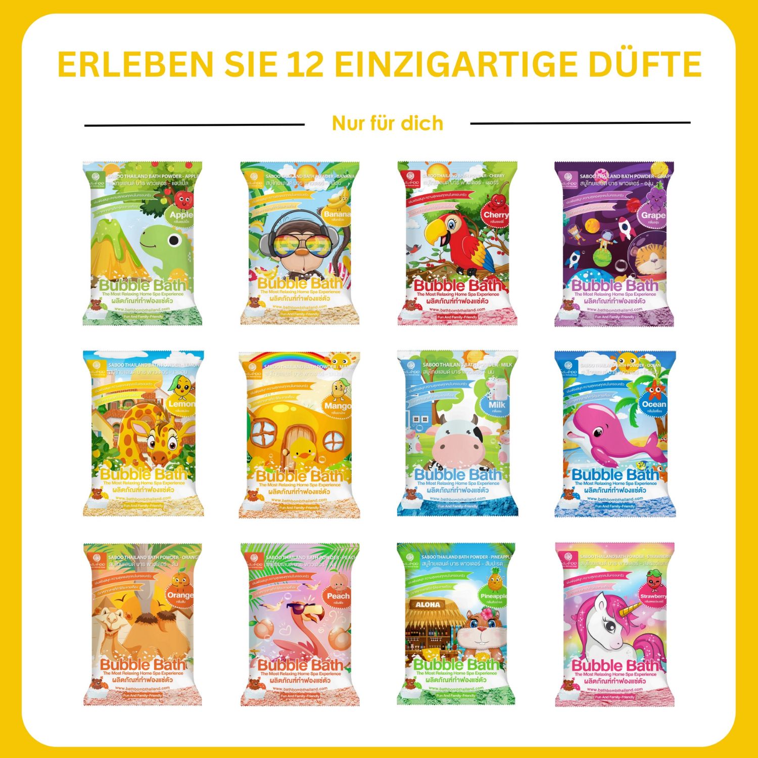 12 verschiedene SABOO Schaumbad Pulver. Verschiedene Designs. Text: Erleben Sie 12 einzigartige Düfte.