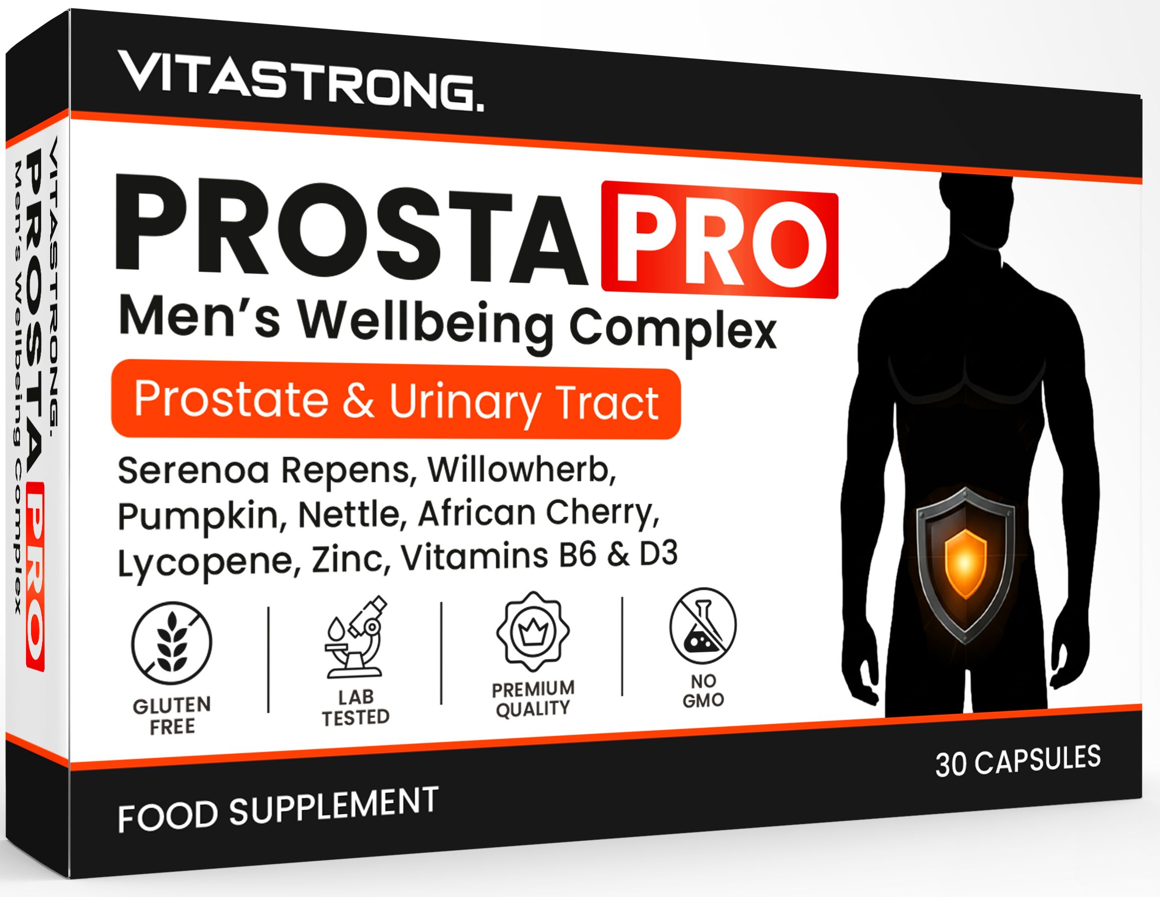 Vitastrong Prosta Pro Verpackung mit 30 Kapseln, für Prostata und Harnwege.