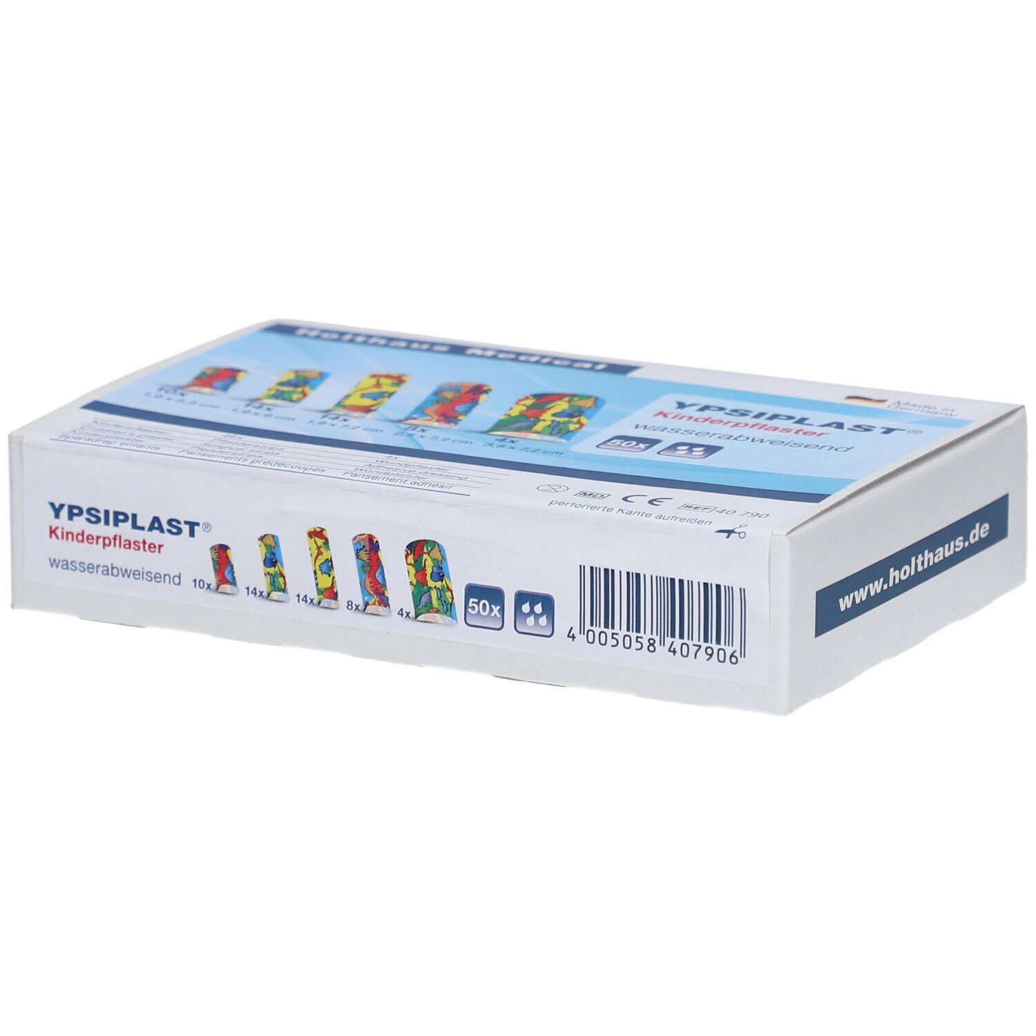 Kartonverpackung mit YPSIPLAST Kinderpflaster. Aufdrucke: Produktname, Logos, 50 Stück, wasserabweisend. Website-Adresse.