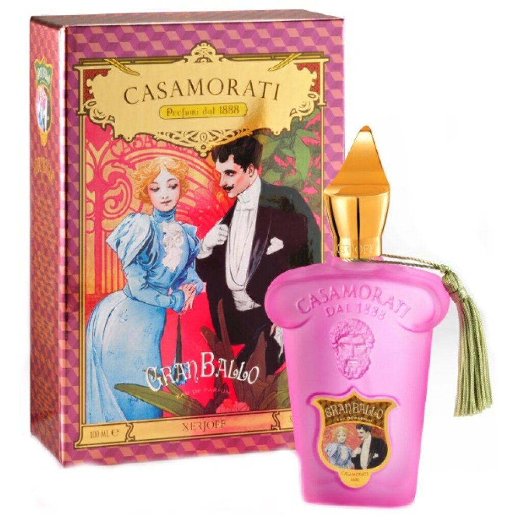 Rosa Flakon mit goldener Kappe und Quaste. Verpackung mit Abbildung eines Paares. Schriftzug: Casamorati, Gran Ballo, Xerjoff.