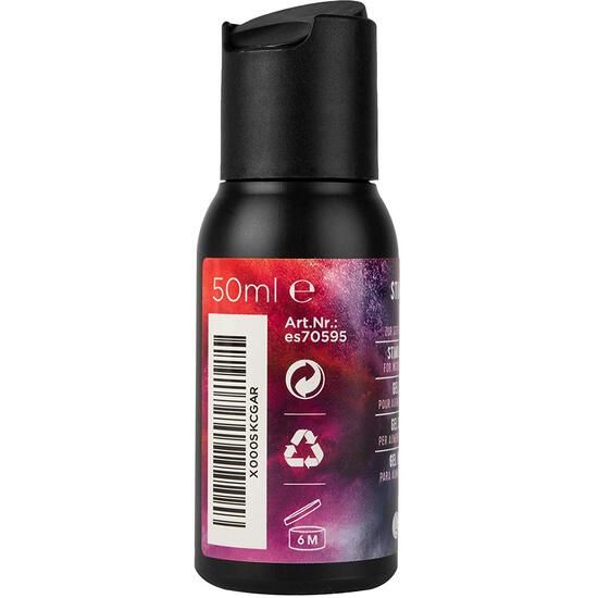 Rückseite einer schwarzen Flasche. 50ml, Art.Nr. und Symbole für Recycling und Haltbarkeit (6M).