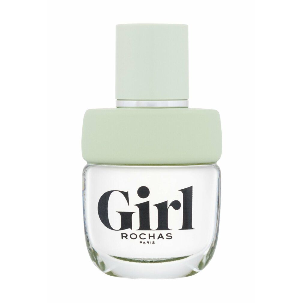 Glasflakon mit hellgrünem Verschluss. Schwarzer Schriftzug "Girl" und "Rochas".