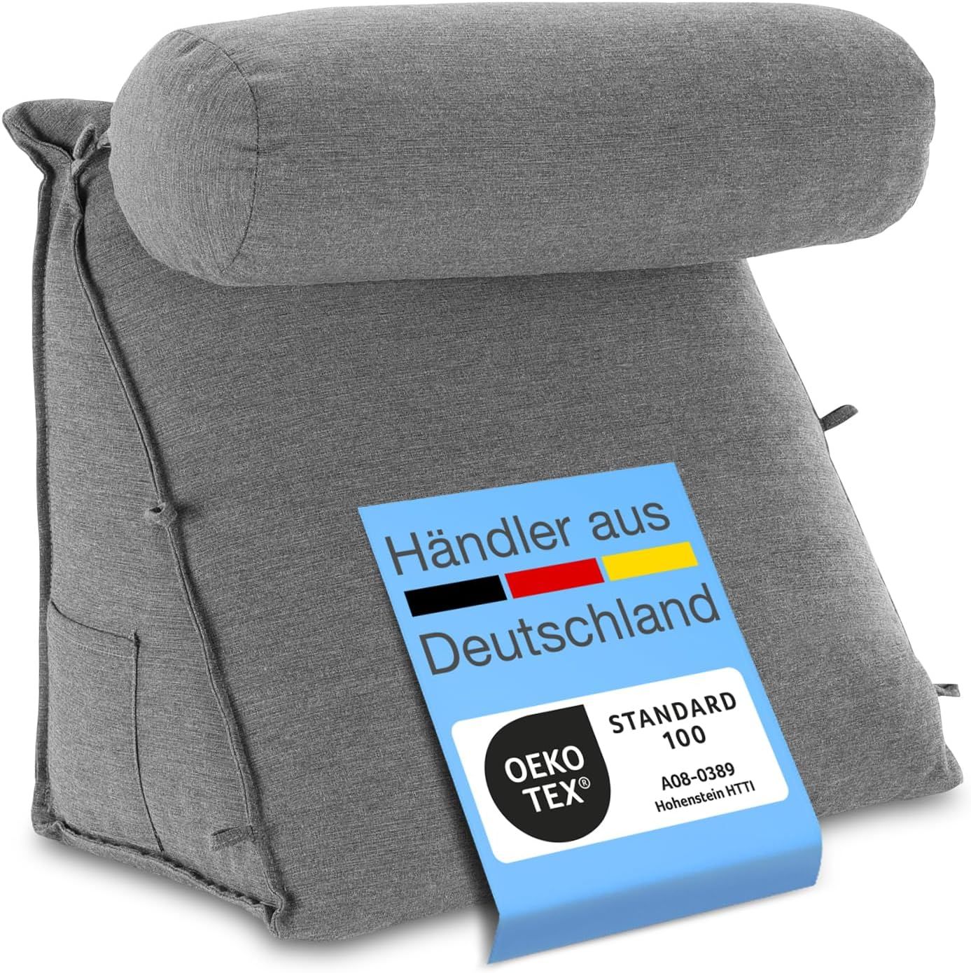 ELONEO Rückenkissen mit Nackenrolle für Bett & Sofa 55x50x30cm, waschbarer Bezug