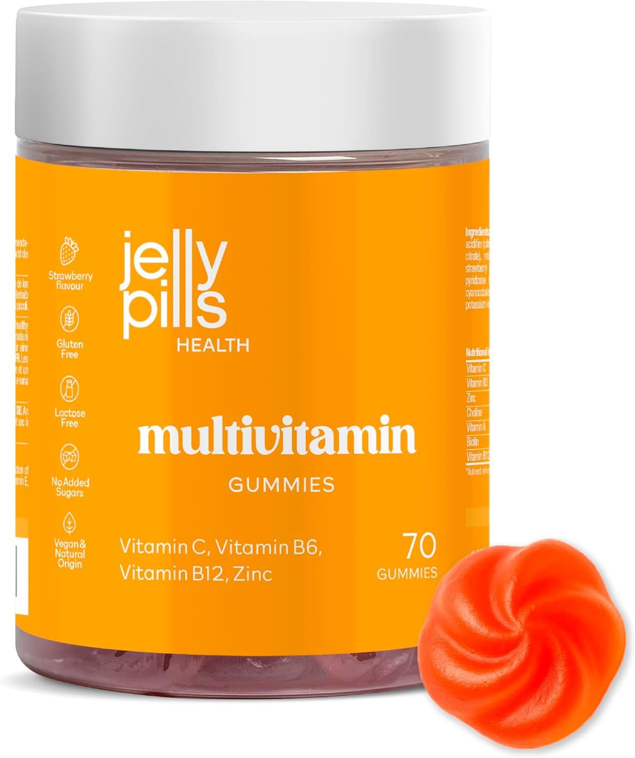Orange Dose mit weißen Deckel. Aufschrift: Jelly Pills Health Multivitamin Gummies. 70 Gummies. Eine rote Gummibärchen daneben.