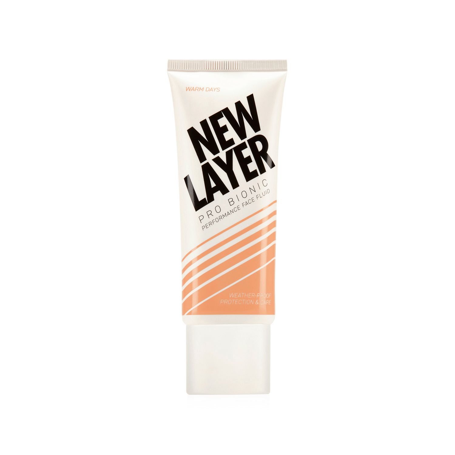 Gesichtsfluid-Tube. Weiß, orangefarbene Streifen und schwarzer Schriftzug: NEW LAYER Pro Bionic Performance Face Fluid.