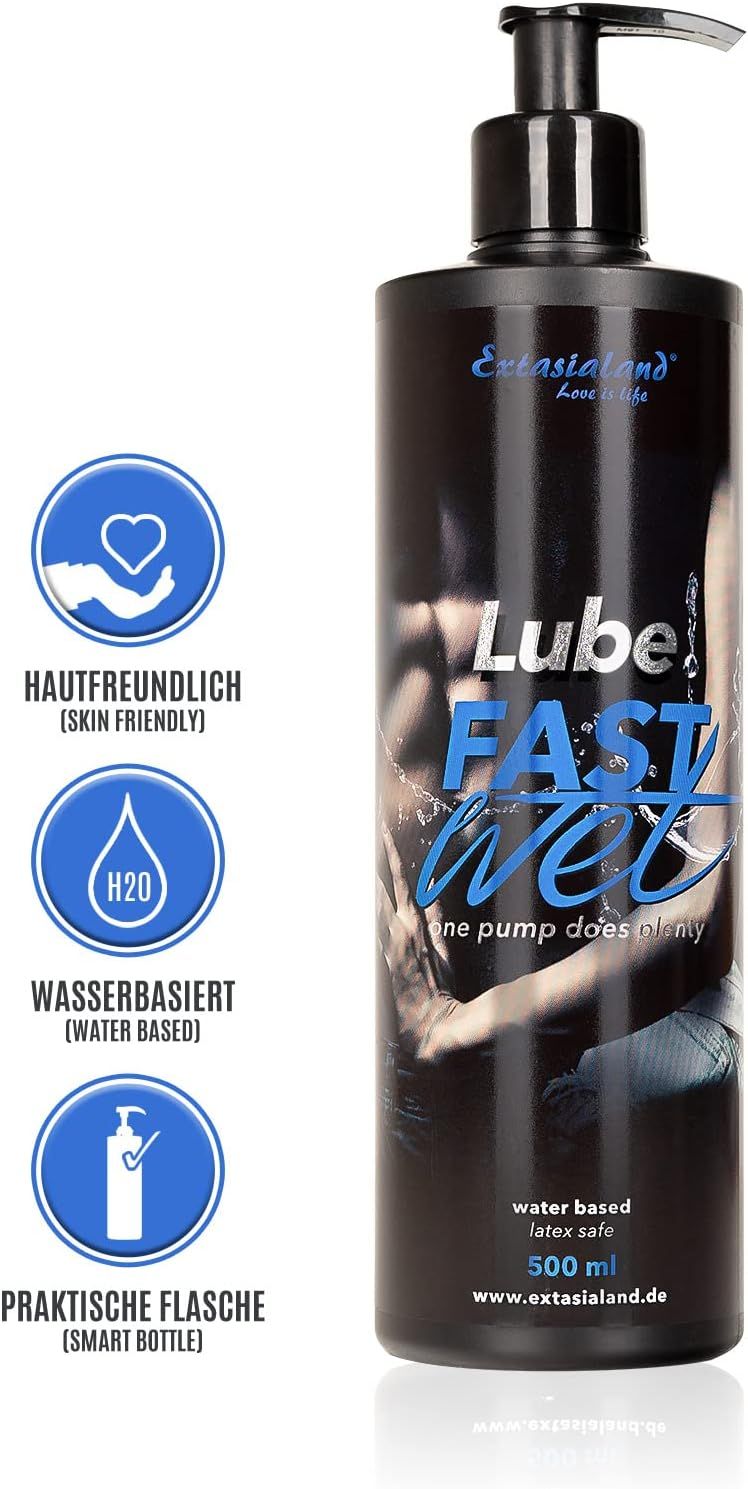 Schwarze Flasche mit Pumpe, "Lube Fast Wet" und Logos. 500 ml, wasserbasiert.