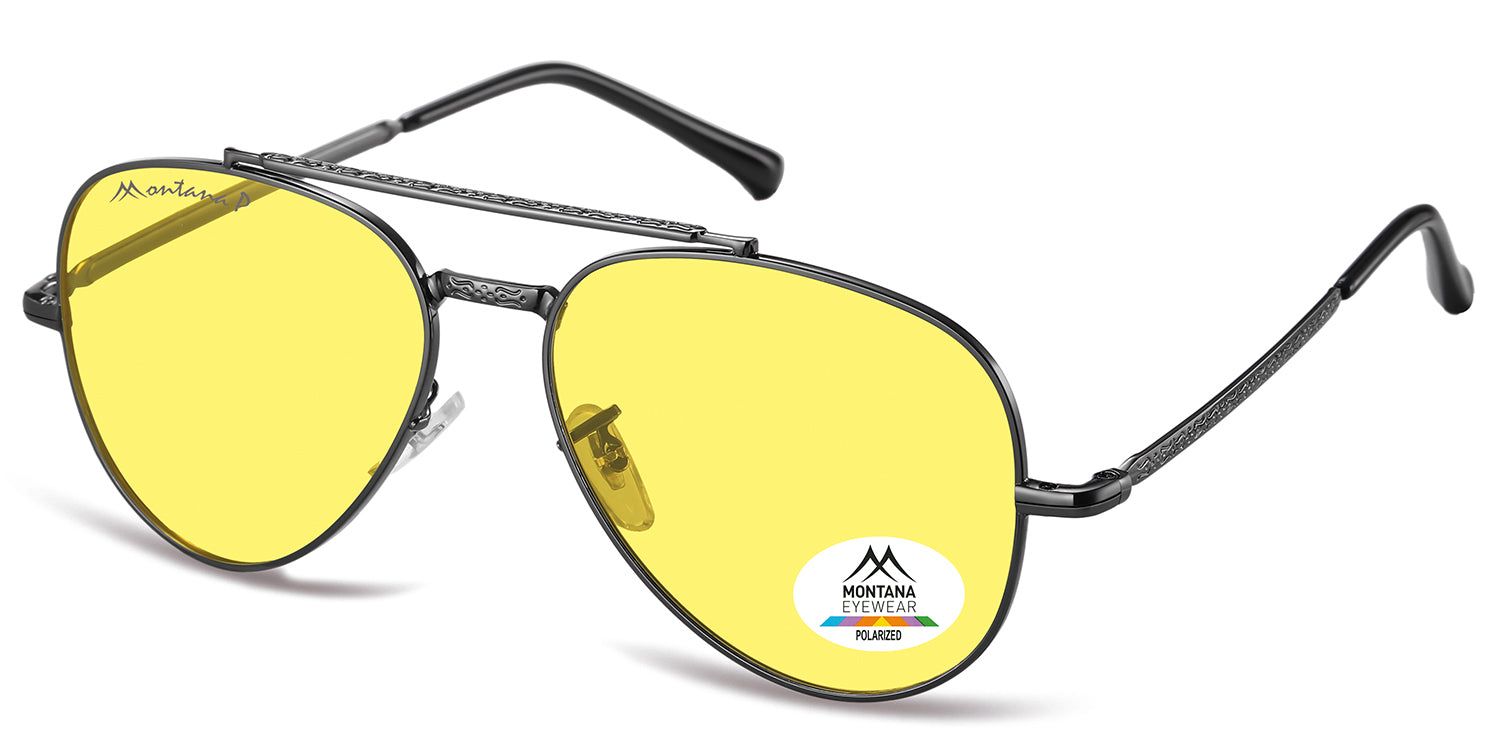 Sonnenbrille mit gelben Gläsern und Metallrahmen. Logo Montana Eyewear und Polarisationshinweis. Aviator-Form, schräg.