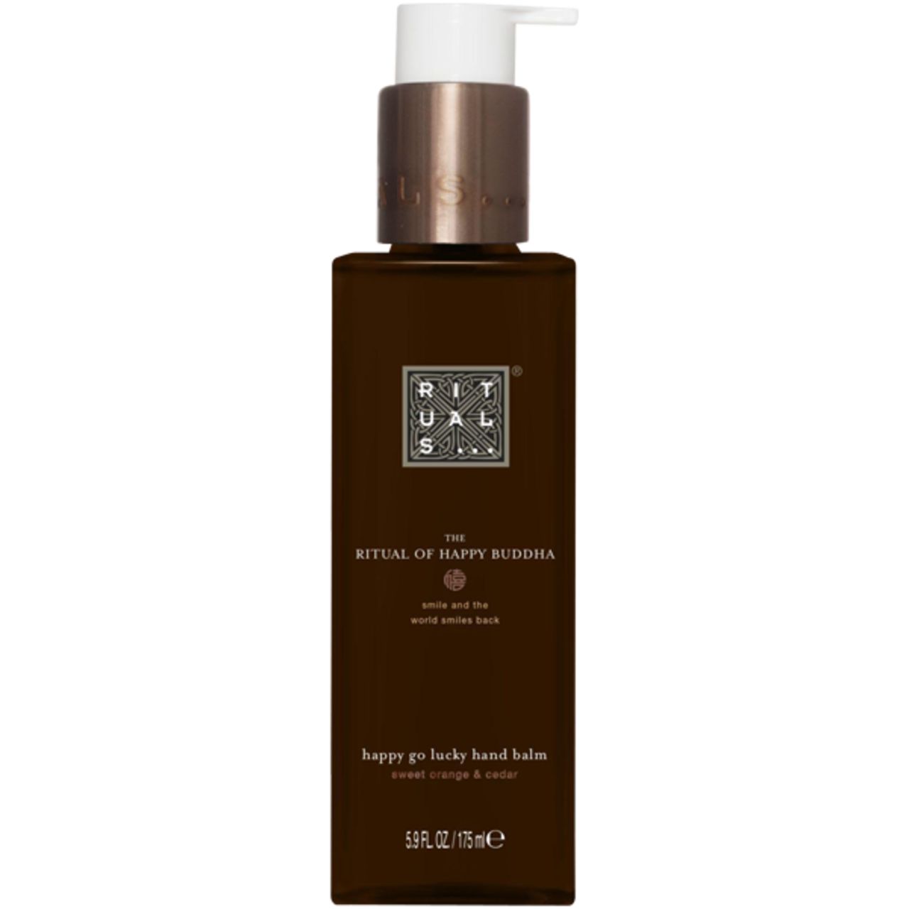 Braune Flasche mit Dosierpumpe. Aufschrift: Rituals, The Ritual of Happy Buddha, happy go lucky hand balm.