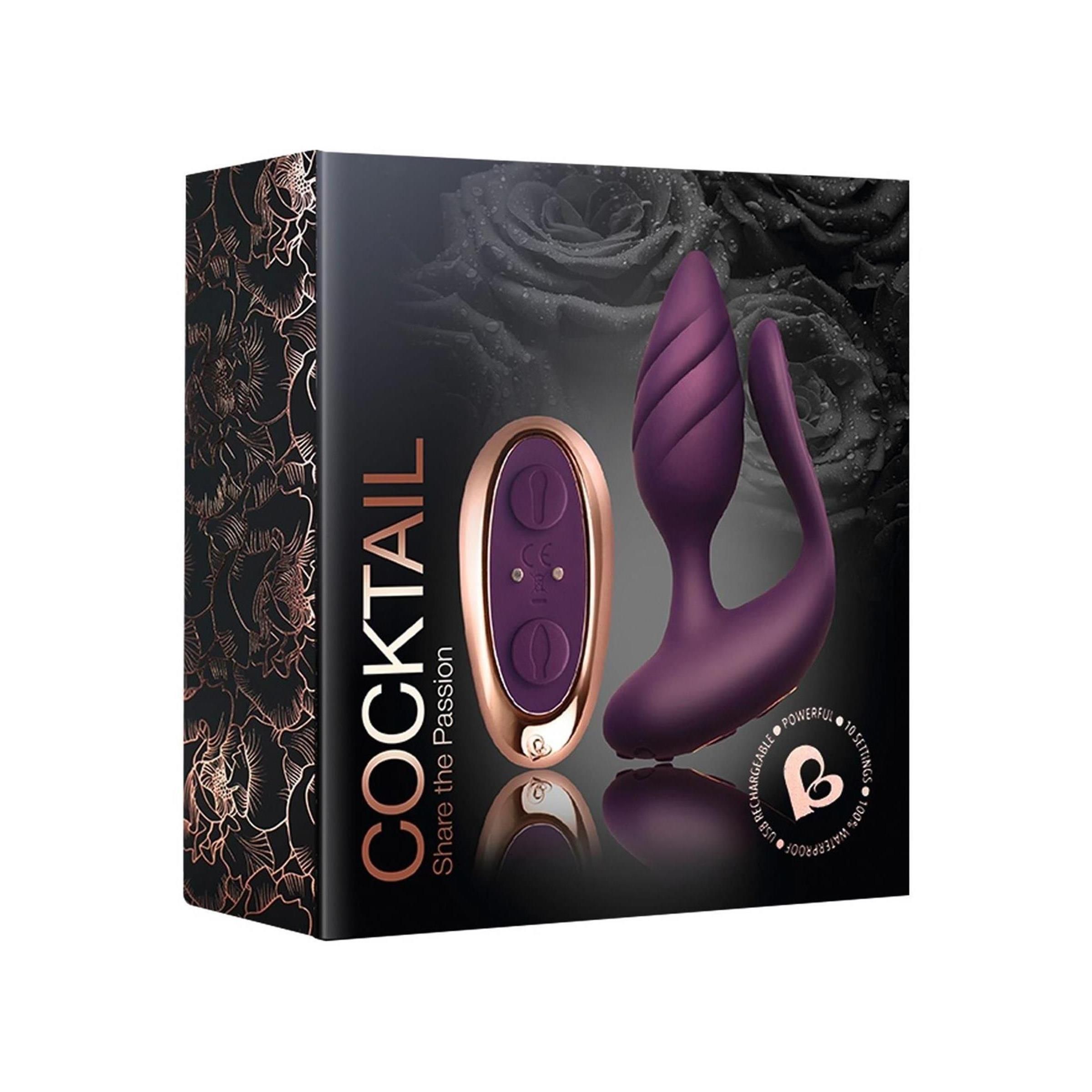 Verpackung für Wellness-Produkt. Schwarzer Hintergrund mit Rosenmuster. Produkt und Fernbedienung sichtbar.