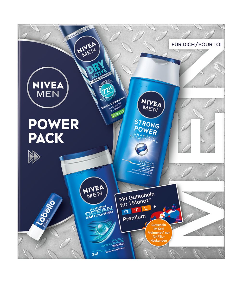 NIVEA MEN Power Pack Geschenkset. Enthält Pflegedusche, Deo, Shampoo und Labello. Verpackung mit Produktabbildungen und Logo.