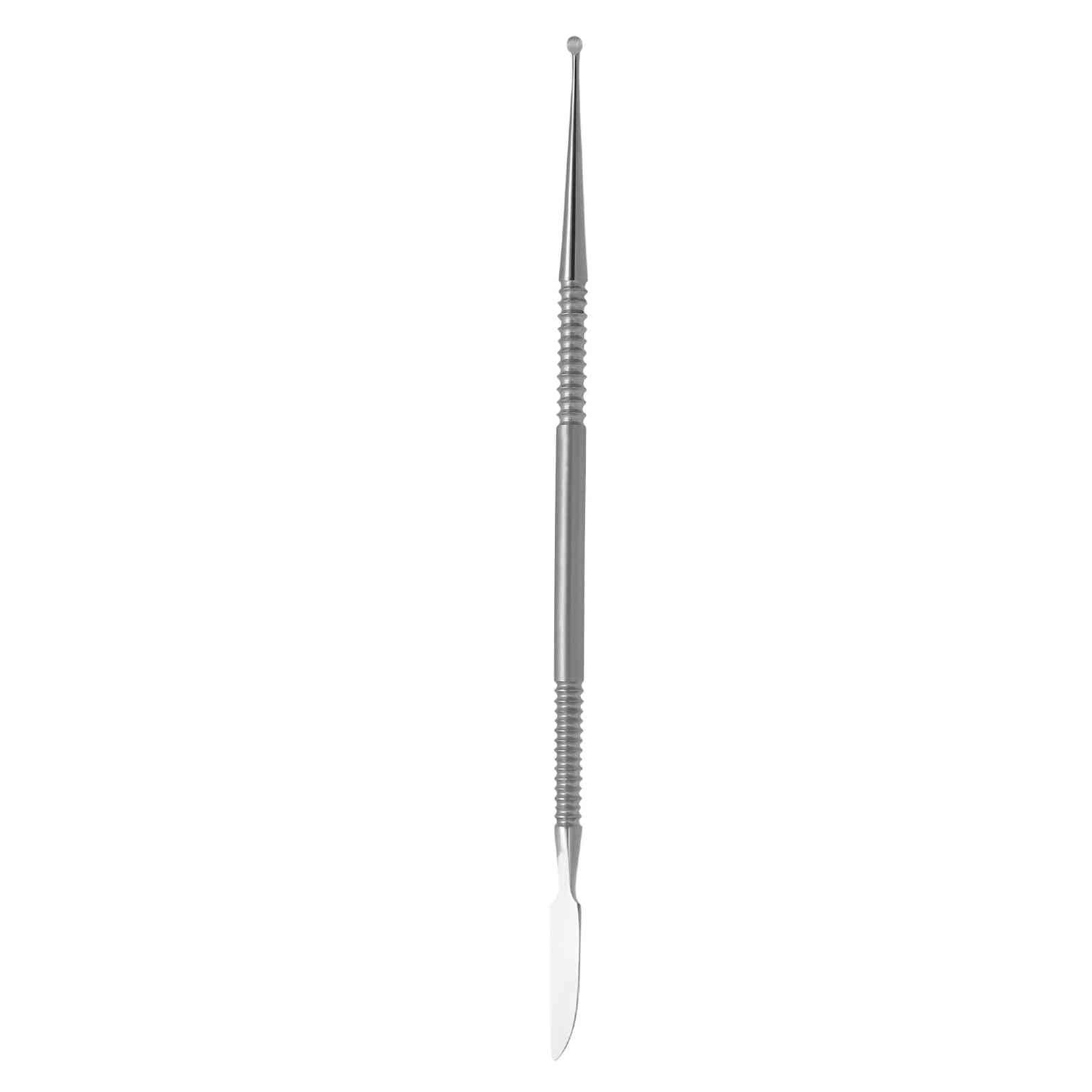 Doppelendige Sonde und Nagelfalzmesser aus Metall. Ein Ende spitz, das andere rund. Geriffelte Griffe.