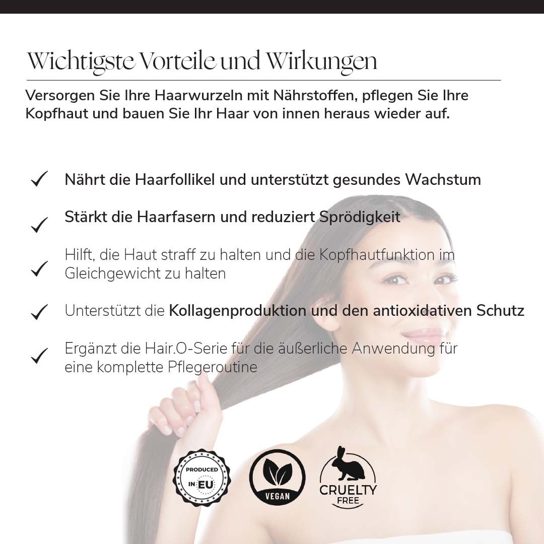 Text mit Vorteilen und Wirkungen. Enthält Logos: EU-Produziert, Vegan, Cruelty Free. Frau mit langen Haaren.