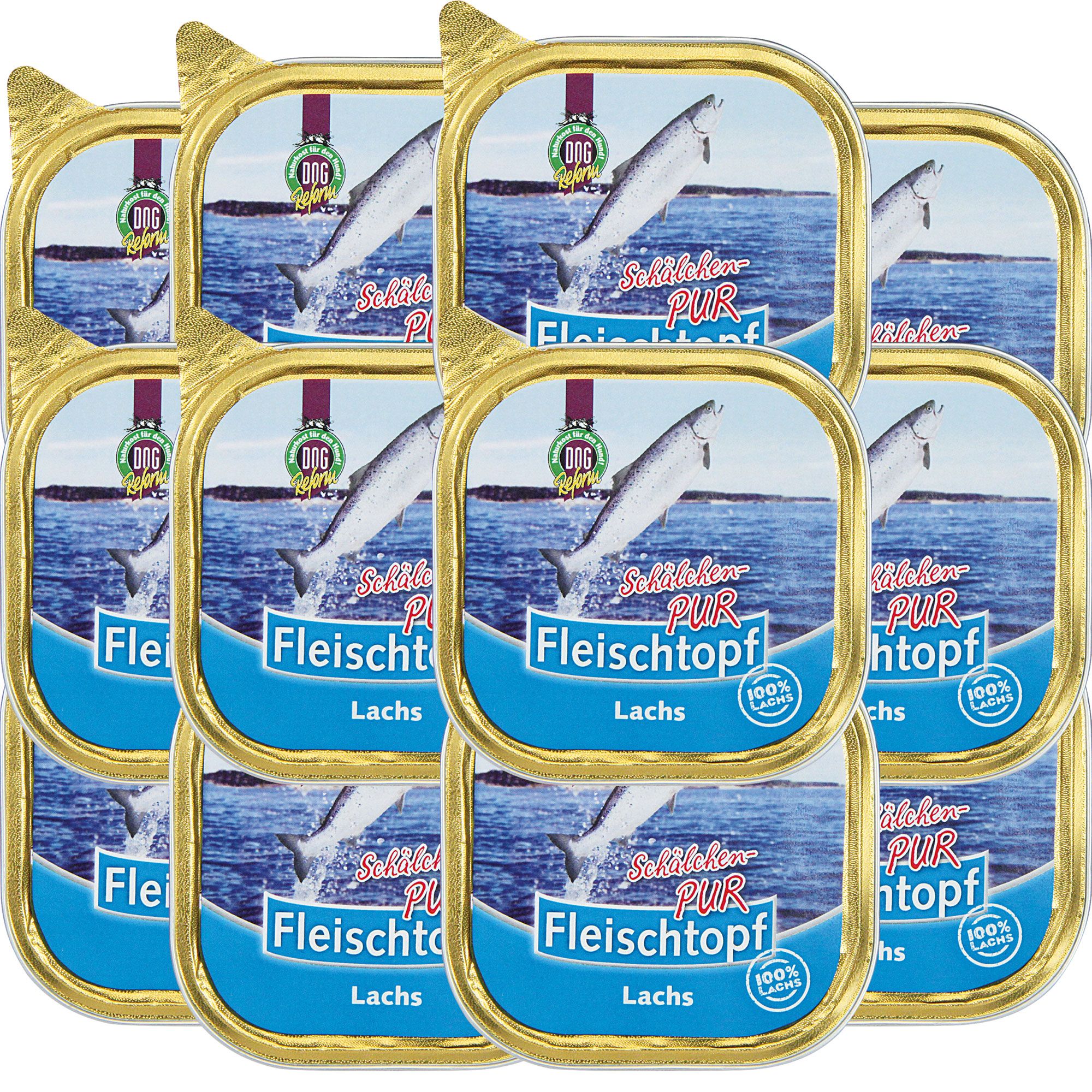 Mehrere Schälchen mit Lachs-Nassfutter. Aufschrift: Fleischtopf, Lachs, PUR. Abbildung eines springenden Lachses. Goldfarbene Verpackung.