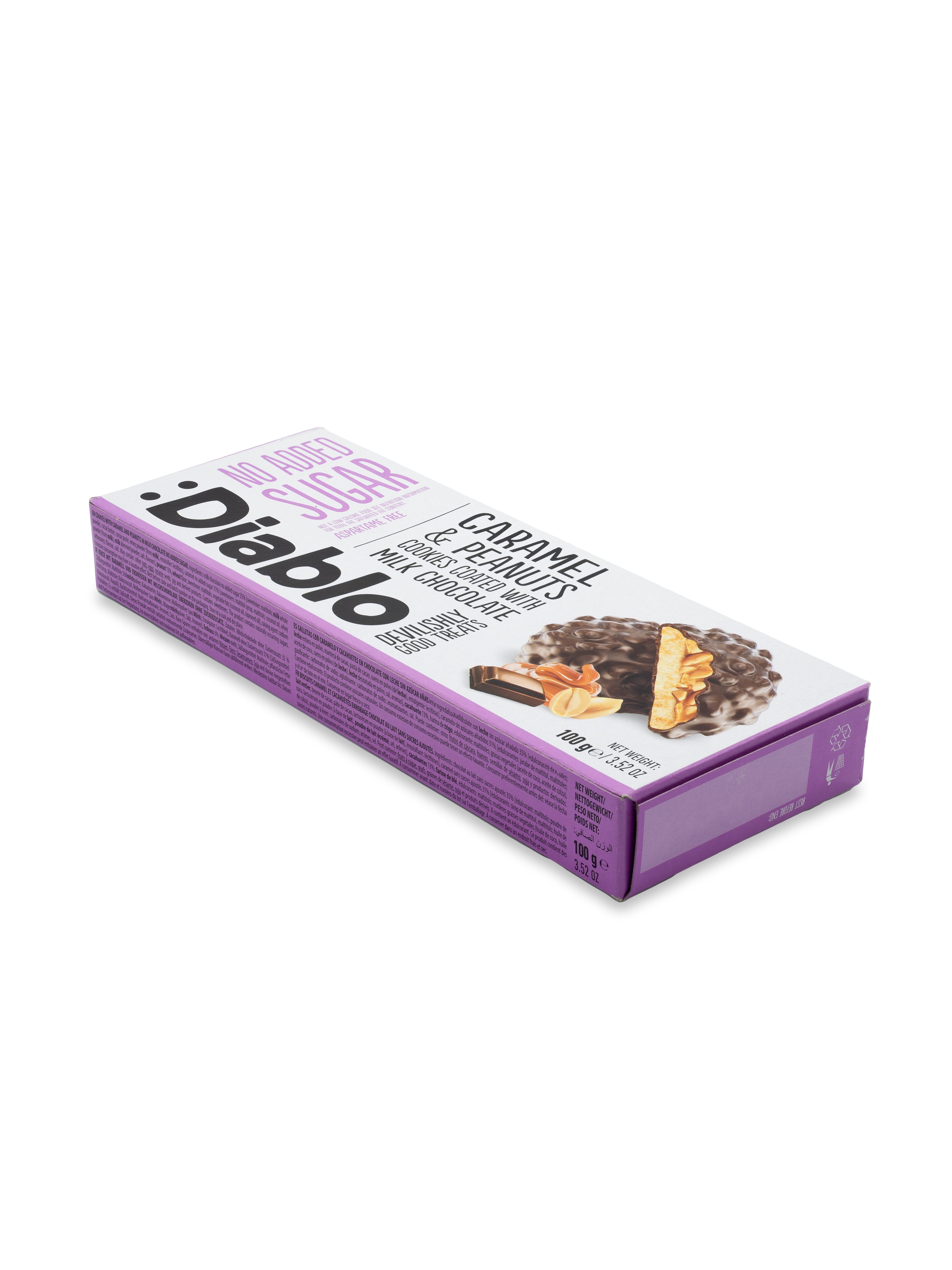 Diablo-Kekse-Verpackung, Karamell & Erdnüsse, mit Milchschokolade überzogen. Lila Verpackung, 100g.