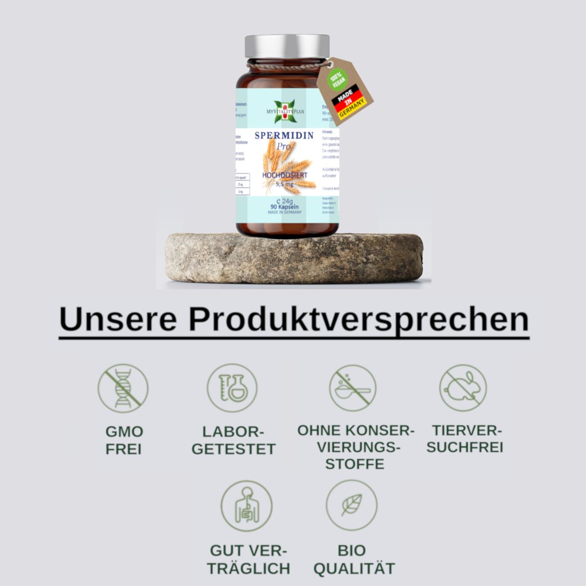 Produktflasche mit Anhänger "Made in Germany" auf Stein. Darunter Text "Unsere Produktversprechen" und Icons: GMO-frei, Laborgetestet, Ohne Konservierungsstoffe, Tierversuchsfrei.