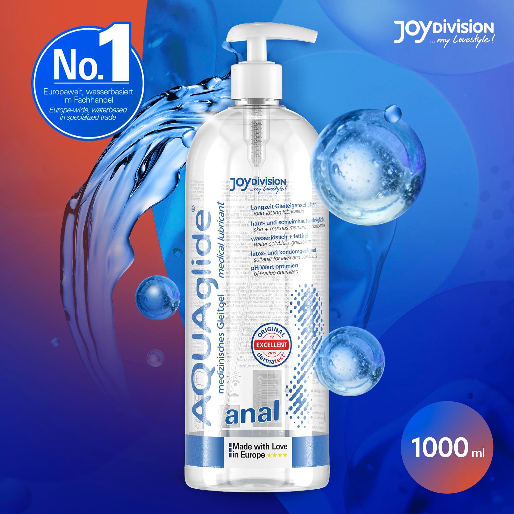 AQUAglilde Anal Gleitgel 1000ml in Flasche mit Pumpe, umgeben von Wasserblasen.