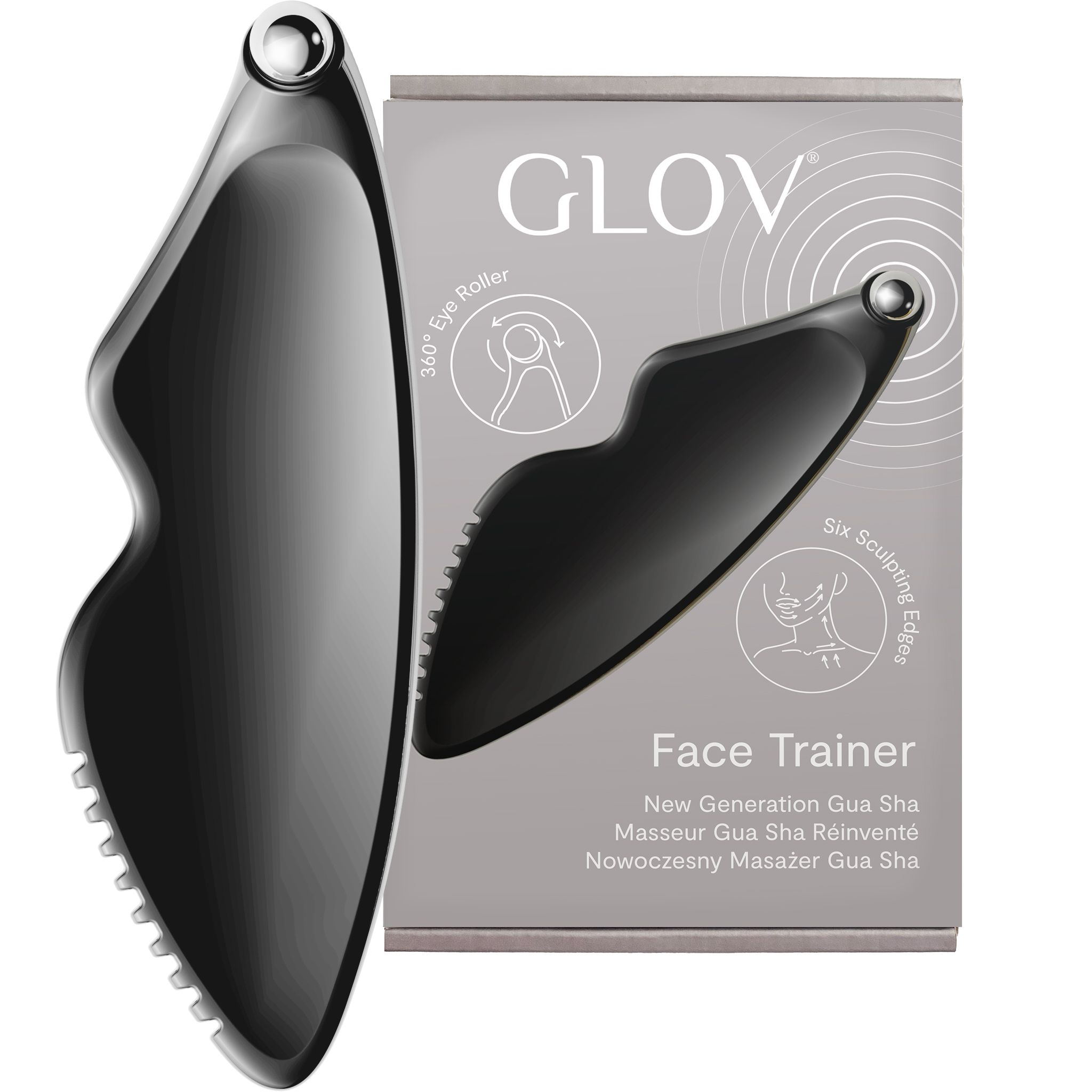 Schwarzes Gua Sha Werkzeug mit Verpackung. Aufschrift 'Face Trainer'.