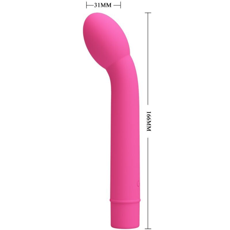 Rosa Vibrator mit gebogenem Schaft und ovalem Kopf. Größenangaben: 31mm breit, 166mm lang.