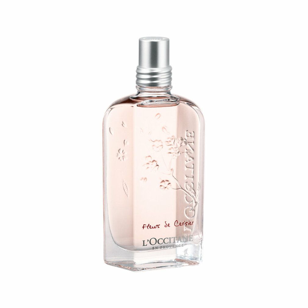 Klarer Flakon mit rosa Flüssigkeit. Silberner Verschluss. Aufschrift: L'Occitane, Fleurs de Cerisier.