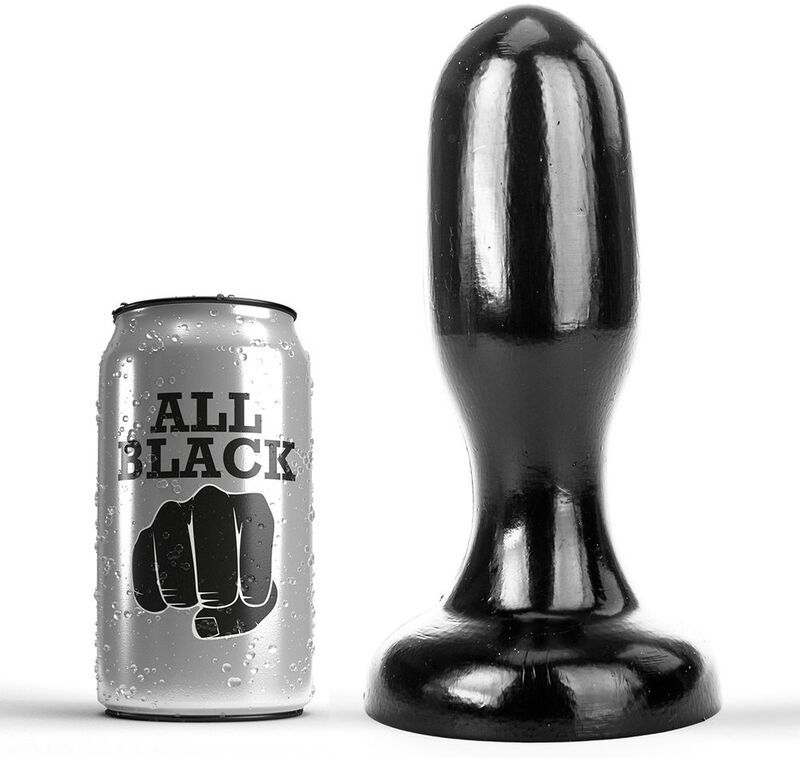 Schwarzer Buttplug neben einer Dose mit "ALL BLACK" Aufdruck. Der Plug hat eine abgerundete Spitze und einen breiten Sockel.