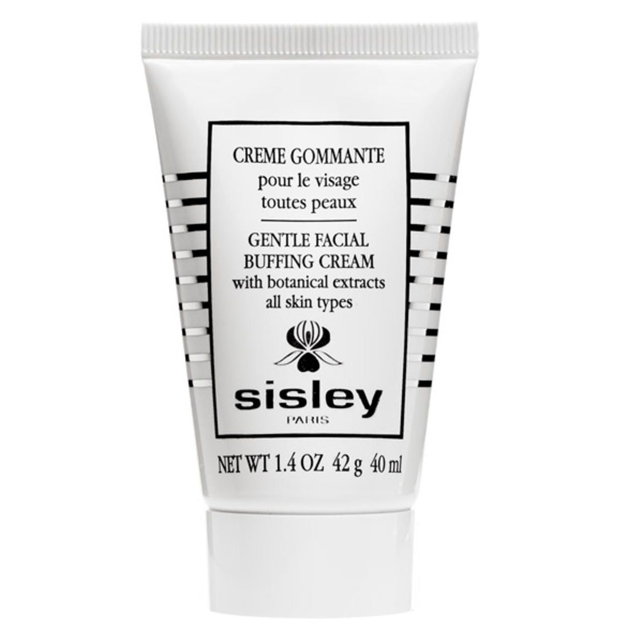 Creme Gommante pour le Visage Tube. Sisley-Logo. Schwarze und graue Streifen. Text: Gentle Facial Buffing Cream. Für alle Hauttypen.