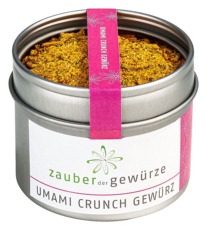 Runde Dose mit Umami Crunch Gewürz. Rosa Etikett mit Produktnamen. Weißes Etikett mit Logo und Schriftzug.