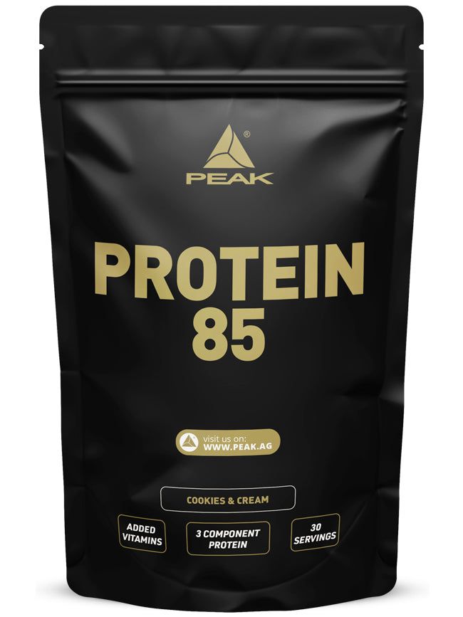Schwarzer Beutel PEAK Protein 85 Cookies & Cream mit goldenem Schriftzug.